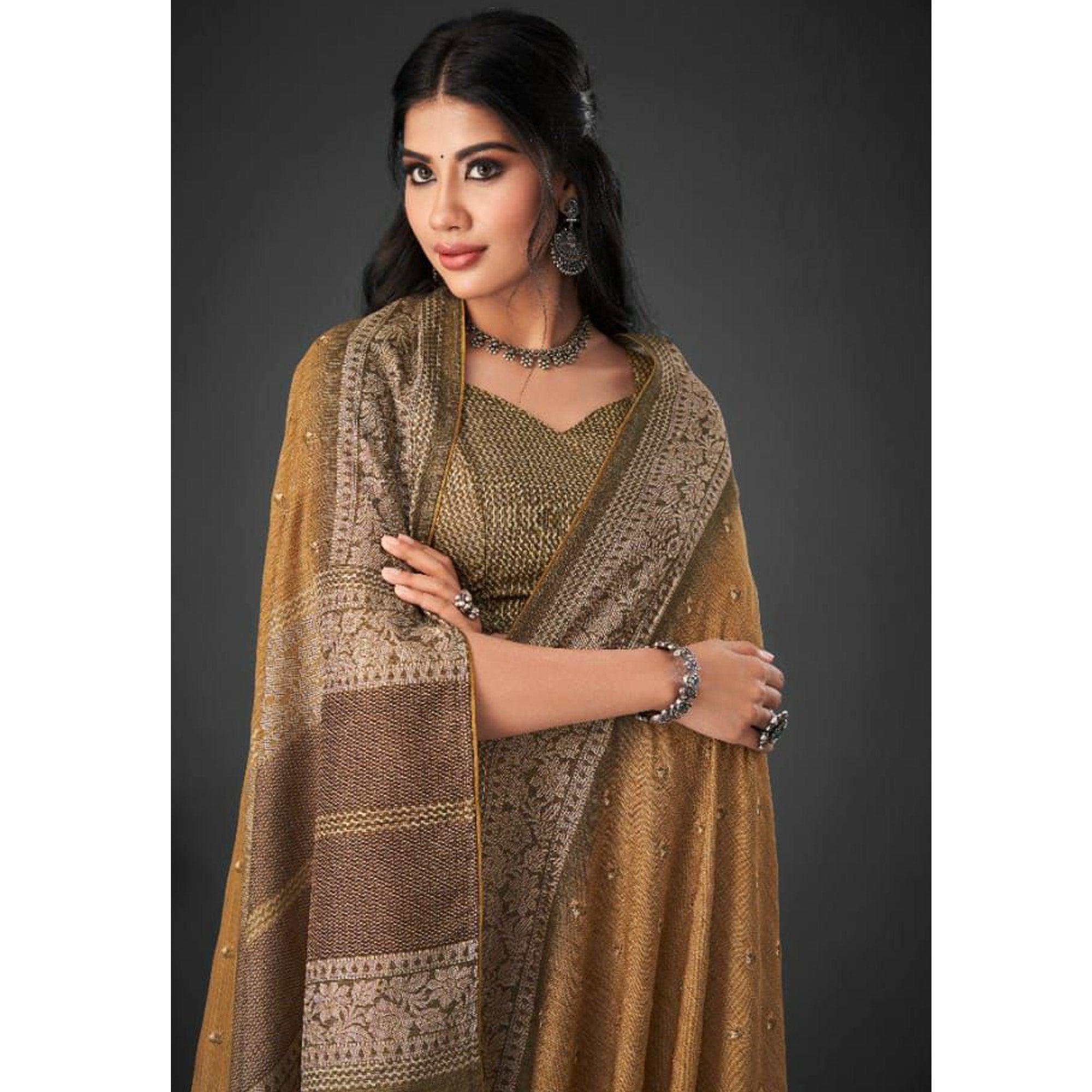 Brown Festive Wear Printed Silk Saree - Peachmode