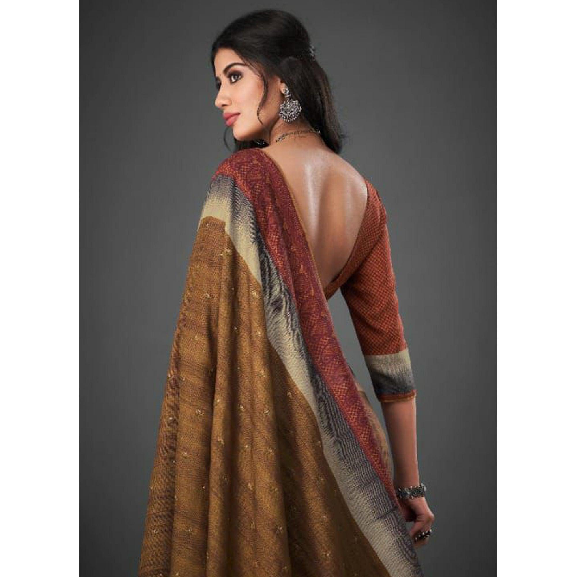 Brown Festive Wear Printed Silk Saree - Peachmode