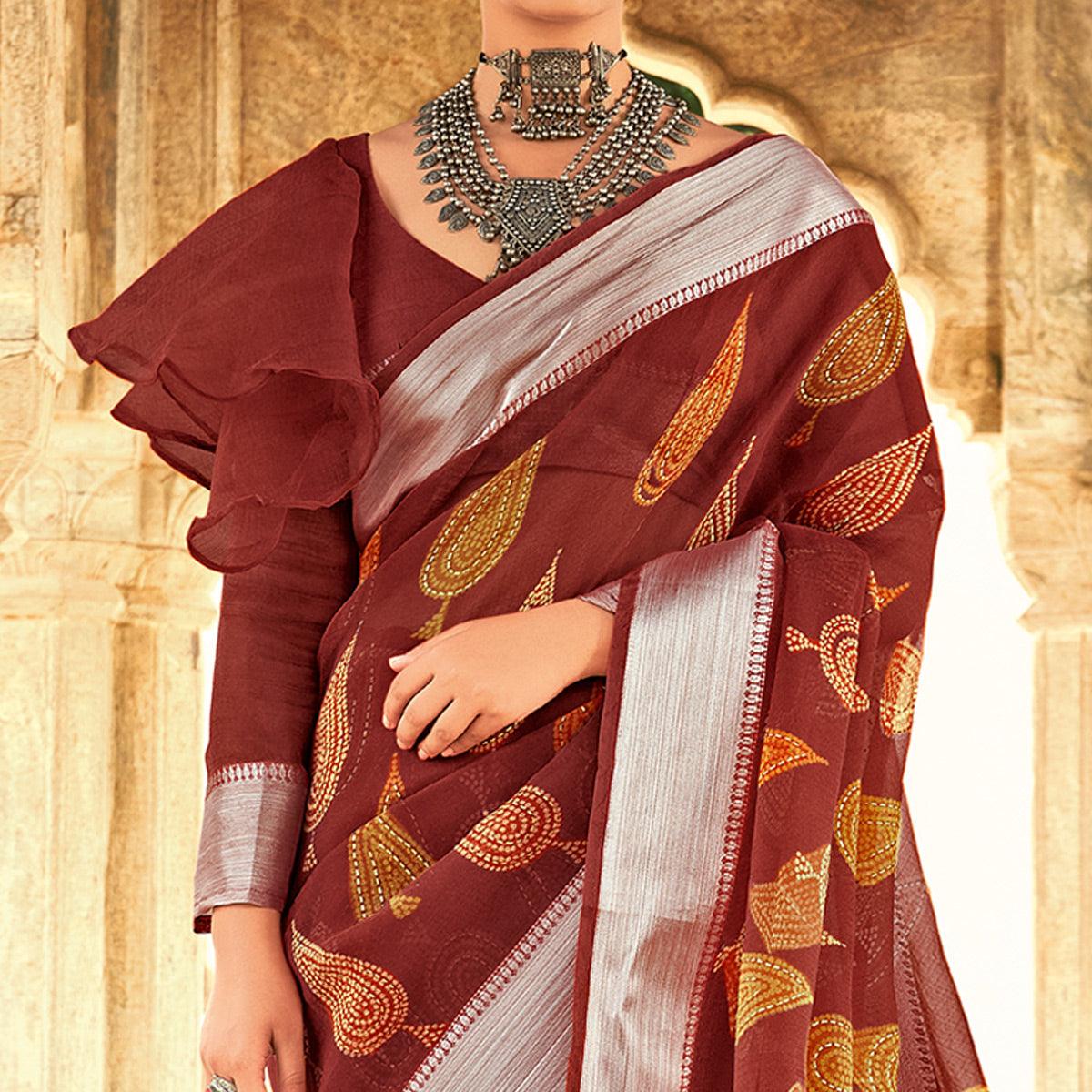Brown Festive Wear Printed Silk Saree With Border - Peachmode