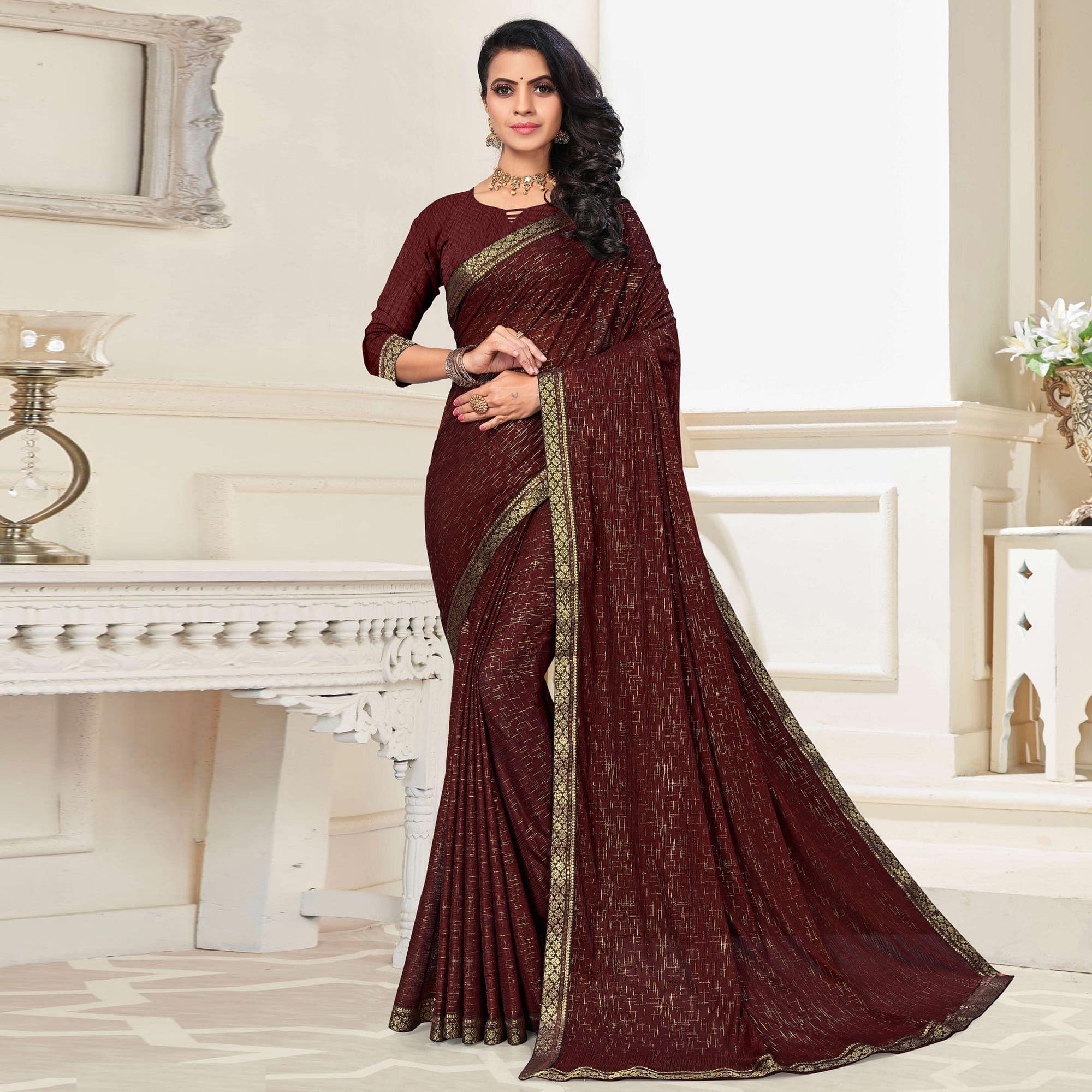Brown Festive Wear Printed With Banarasi Lace Art Silk Saree - Peachmode
