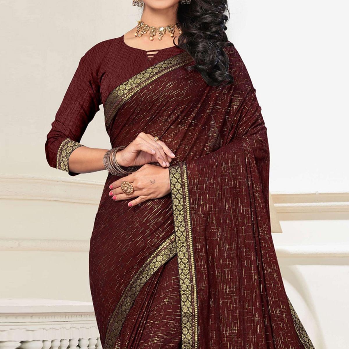 Brown Festive Wear Printed With Banarasi Lace Art Silk Saree - Peachmode