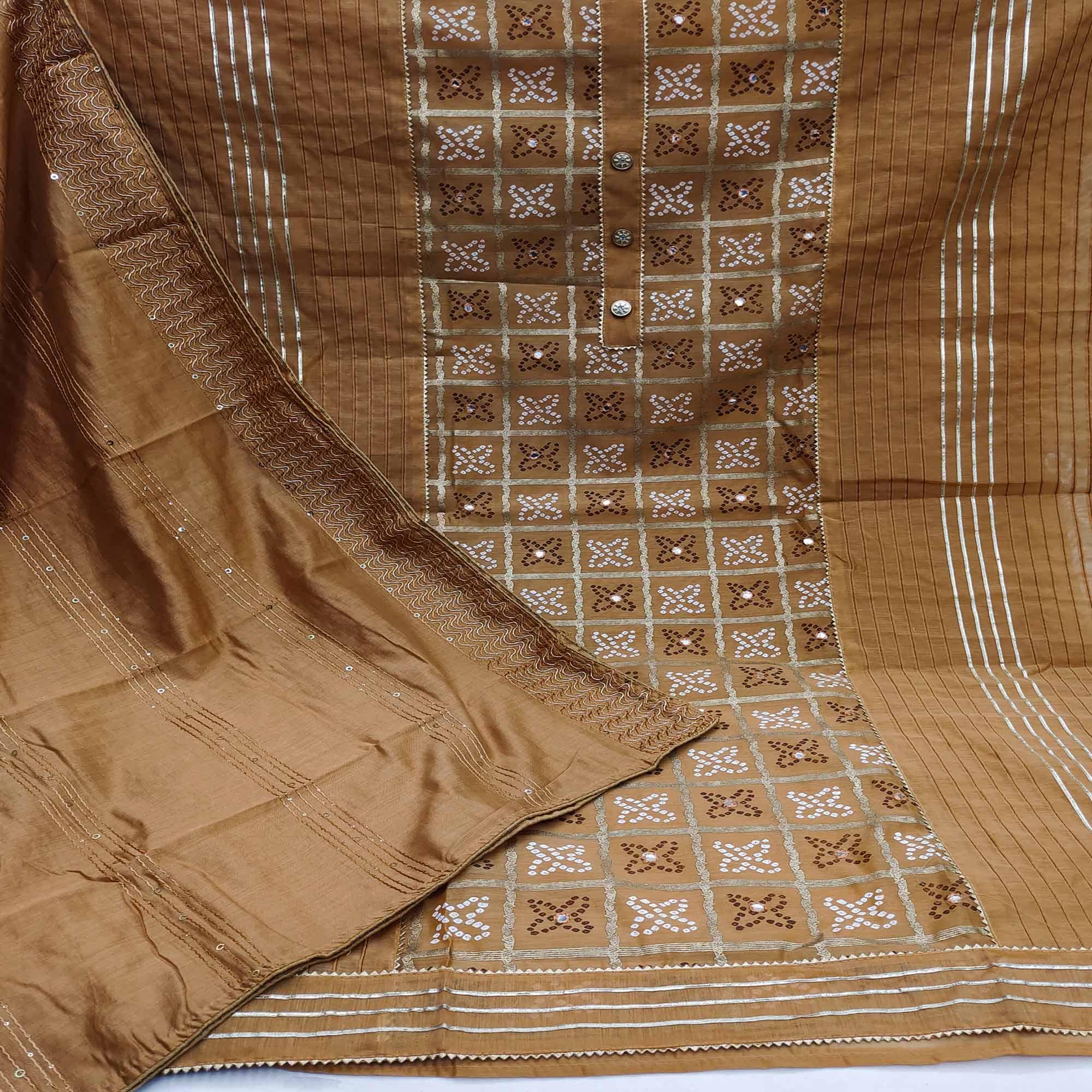 Brown Festive Wear Printed With Handwork Modal Dress Material - Peachmode