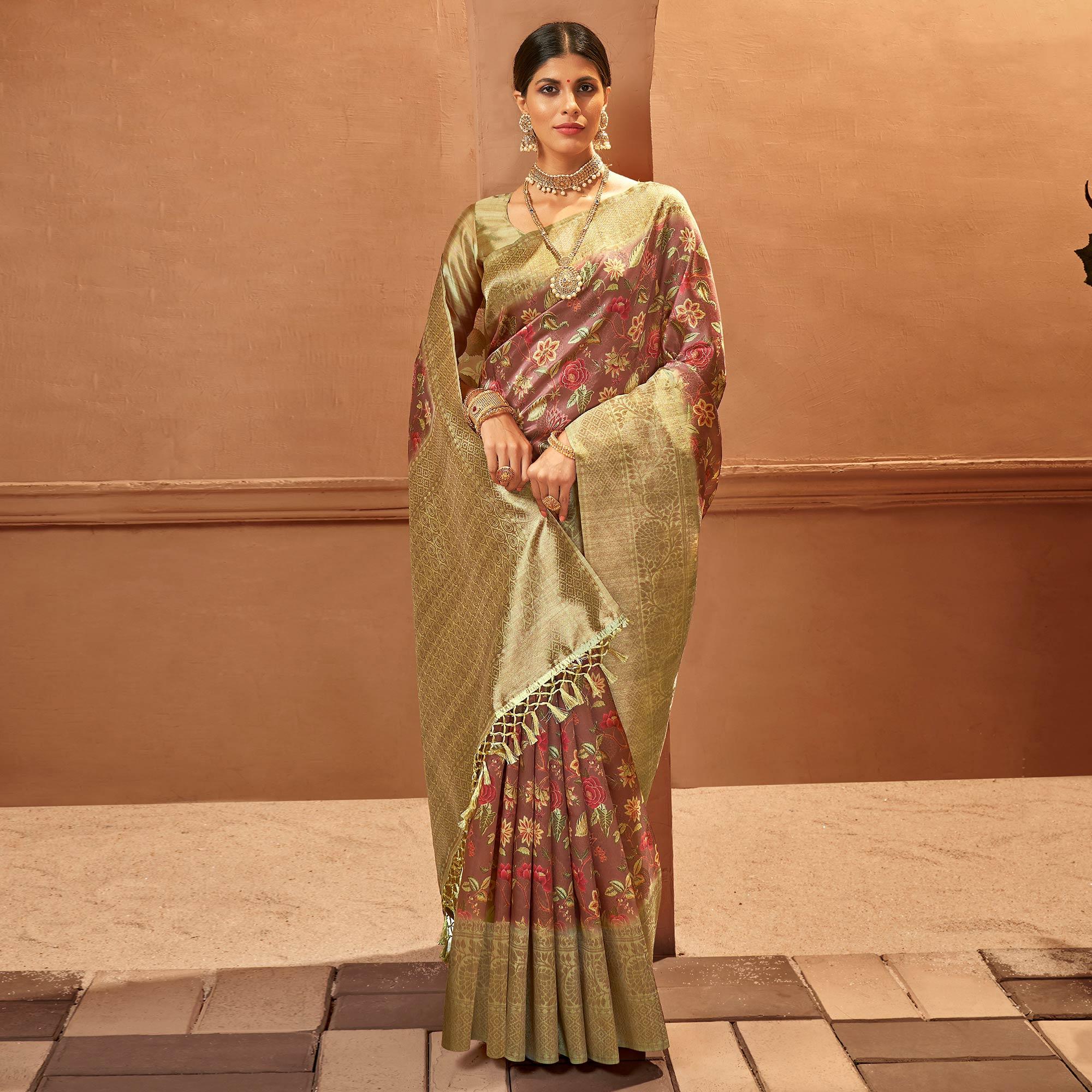 Brown Festive Wear Pure Digital Prints Jacquard Silk Saree - Peachmode