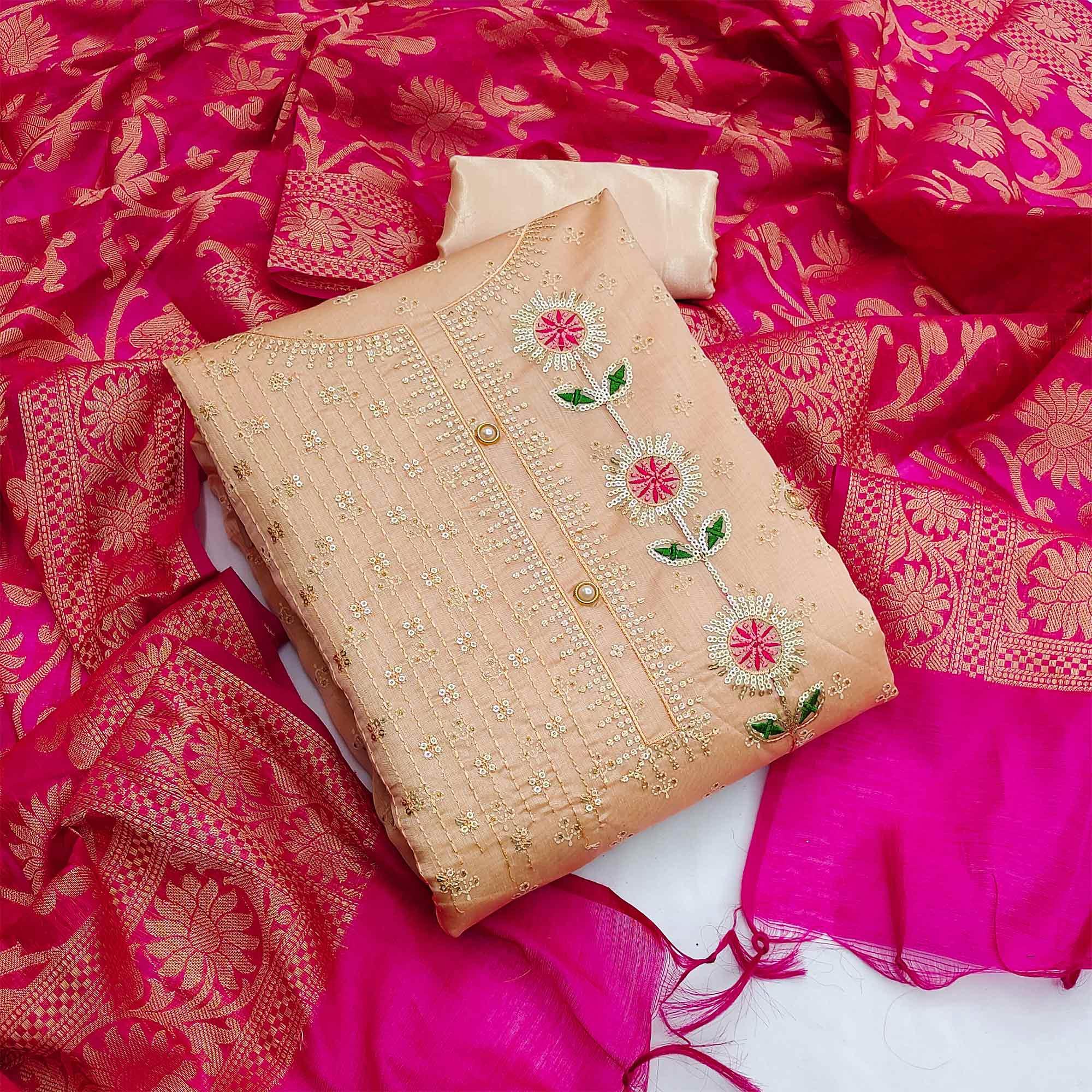 Brown Festive Wear Sequence Embroidered Chanderi Dress Material - Peachmode