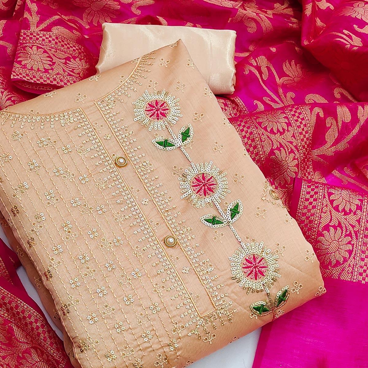Brown Festive Wear Sequence Embroidered Chanderi Dress Material - Peachmode