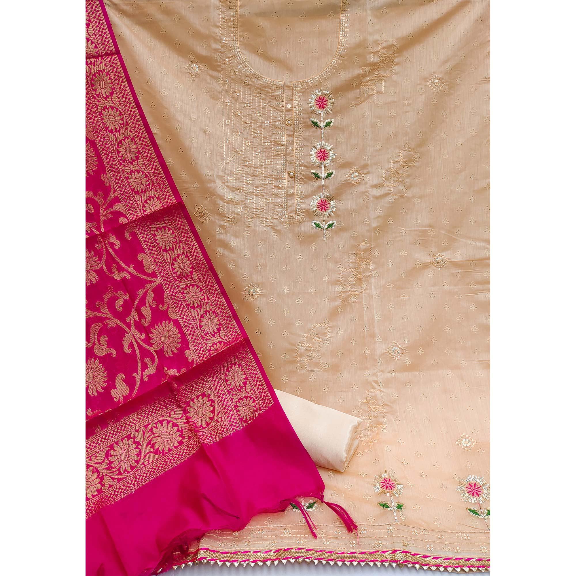 Brown Festive Wear Sequence Embroidered Chanderi Dress Material - Peachmode
