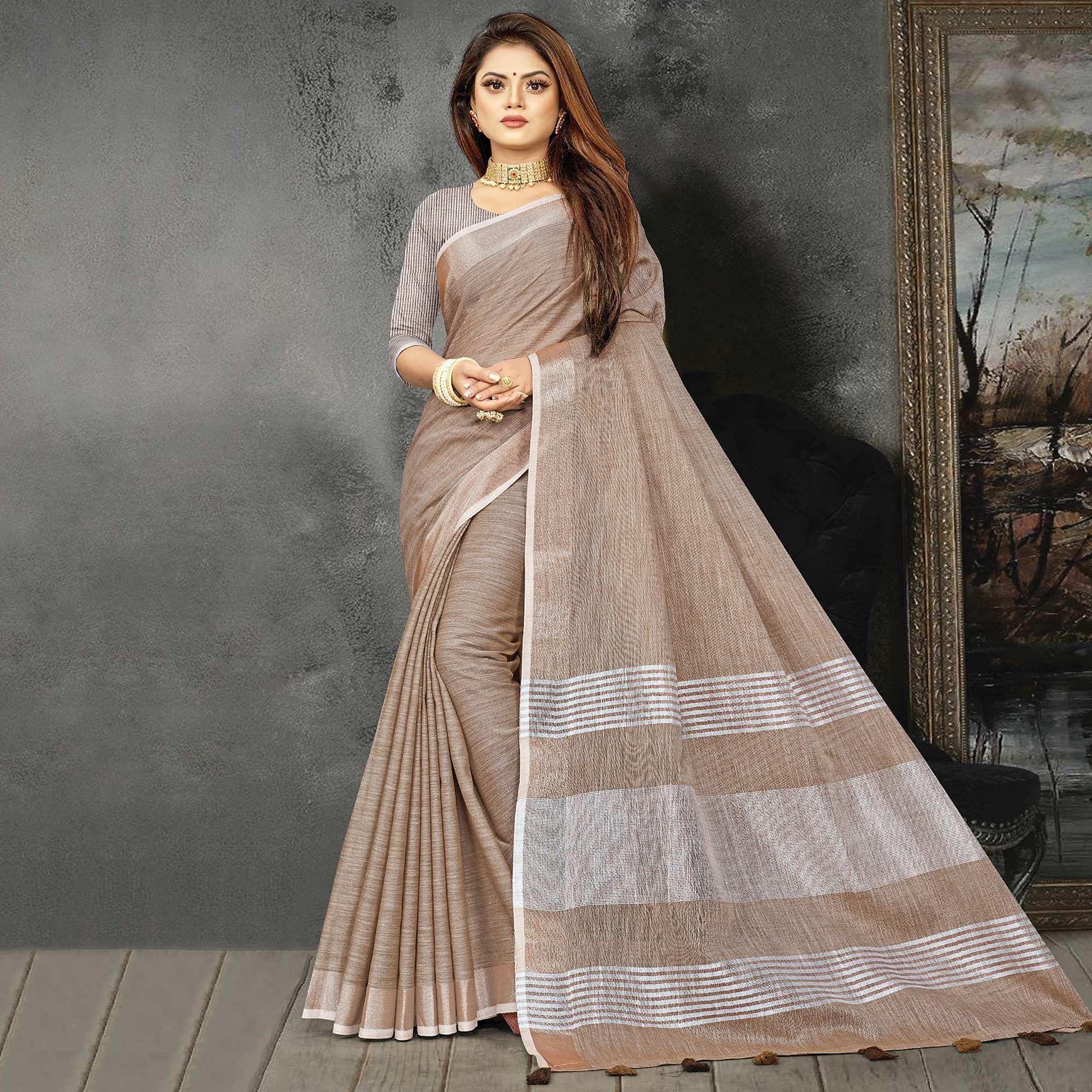 Brown Festive Wear Solid Linen Saree - Peachmode