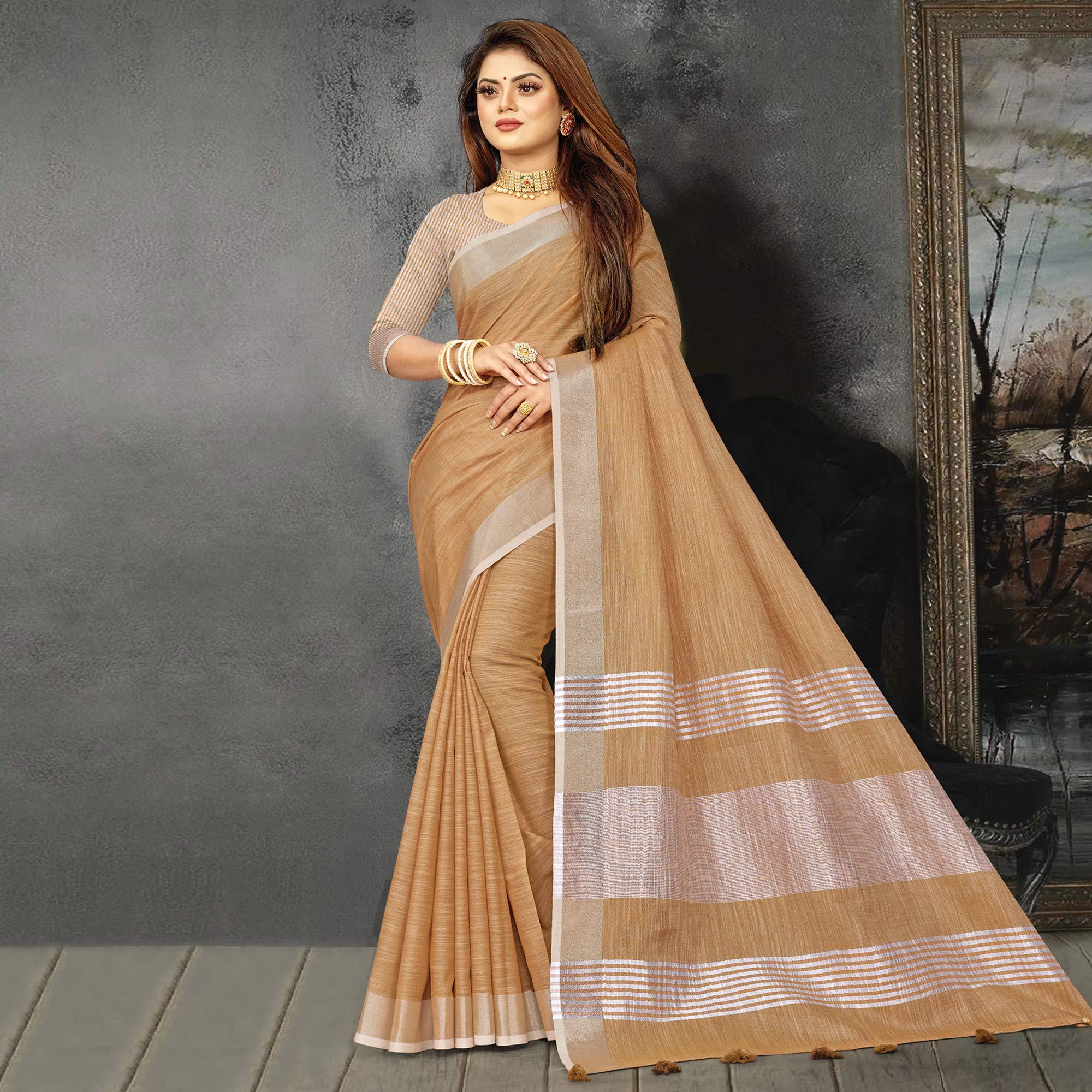 Brown Festive Wear Solid Linen Saree - Peachmode
