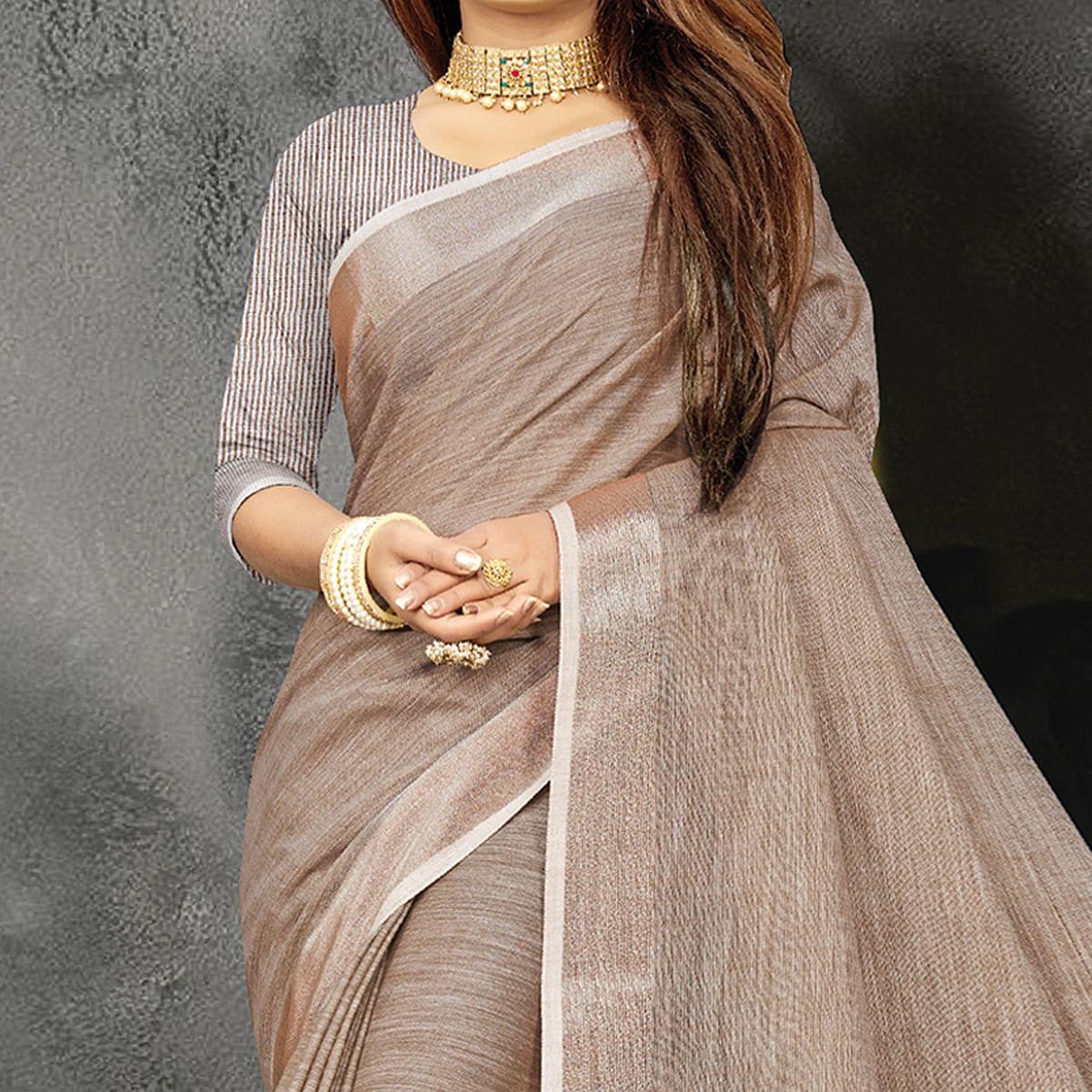 Brown Festive Wear Solid Linen Saree - Peachmode
