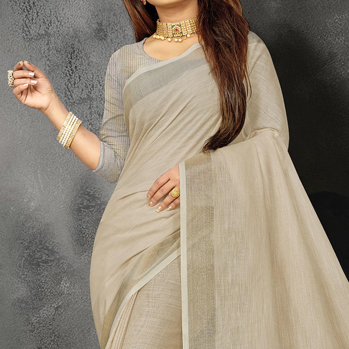 Brown Festive Wear Solid Linen Saree - Peachmode