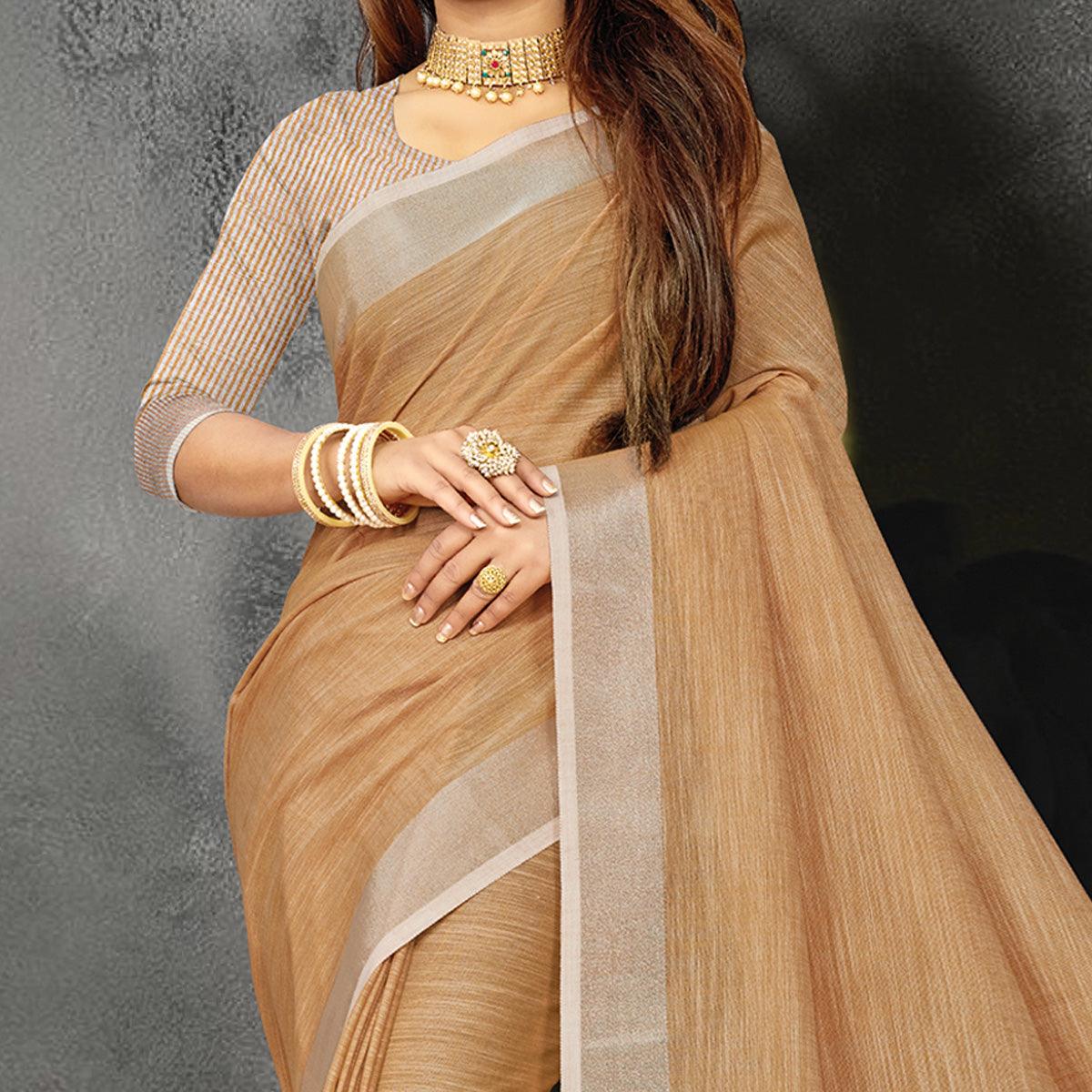 Brown Festive Wear Solid Linen Saree - Peachmode