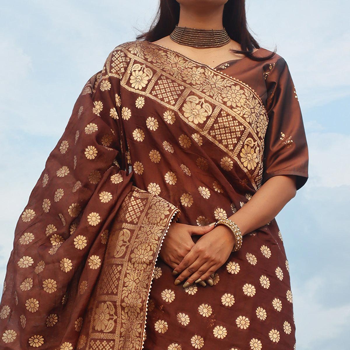 Brown Festive Wear Woven Banarasi Silk Lehenga Choli - Peachmode