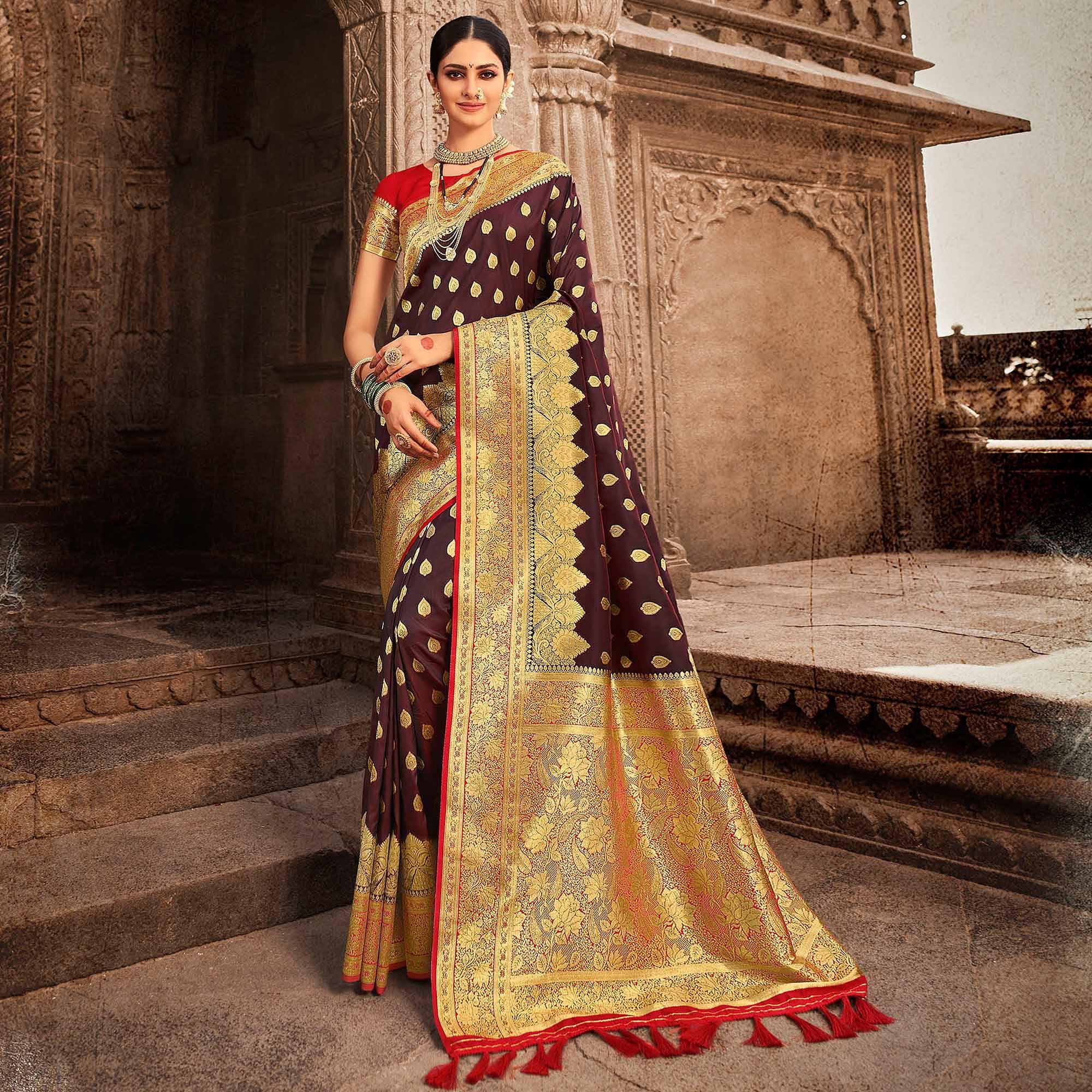 Brown Festive Wear Woven Banarasi Silk Saree With Zari Border Pallu - Peachmode