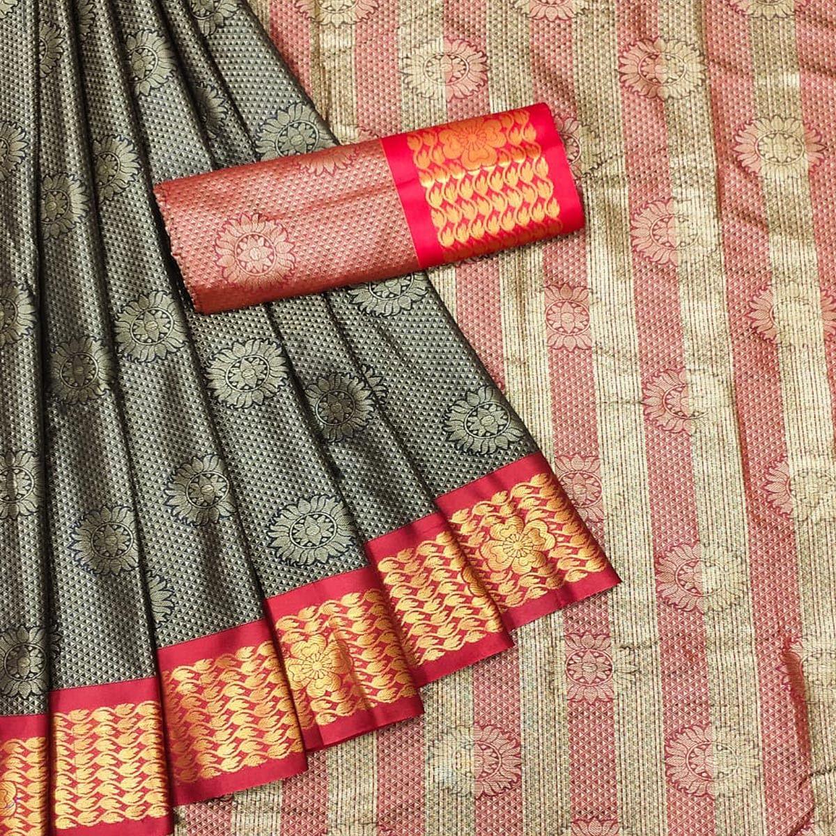 Brown Festive Wear Woven Cotton Silk Saree - Peachmode