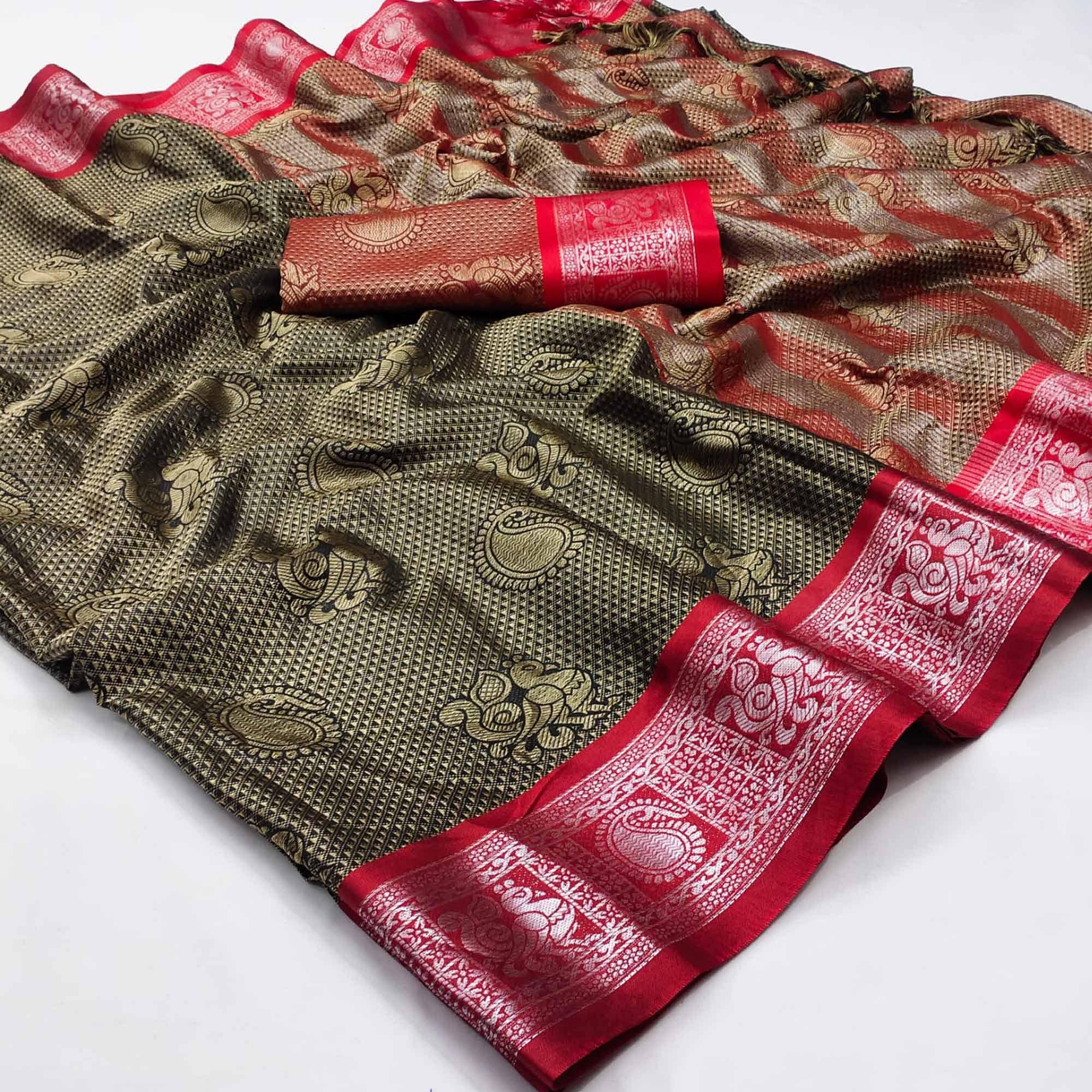 Brown Festive Wear Woven Cotton Silk Saree - Peachmode