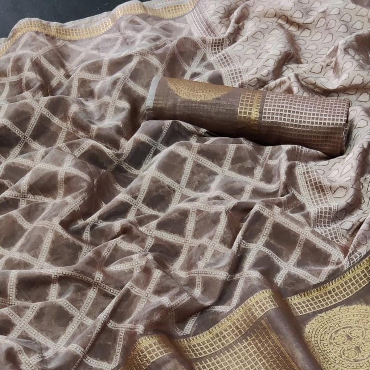 Brown Festive Wear Woven Jacquard Banarasi Saree - Peachmode