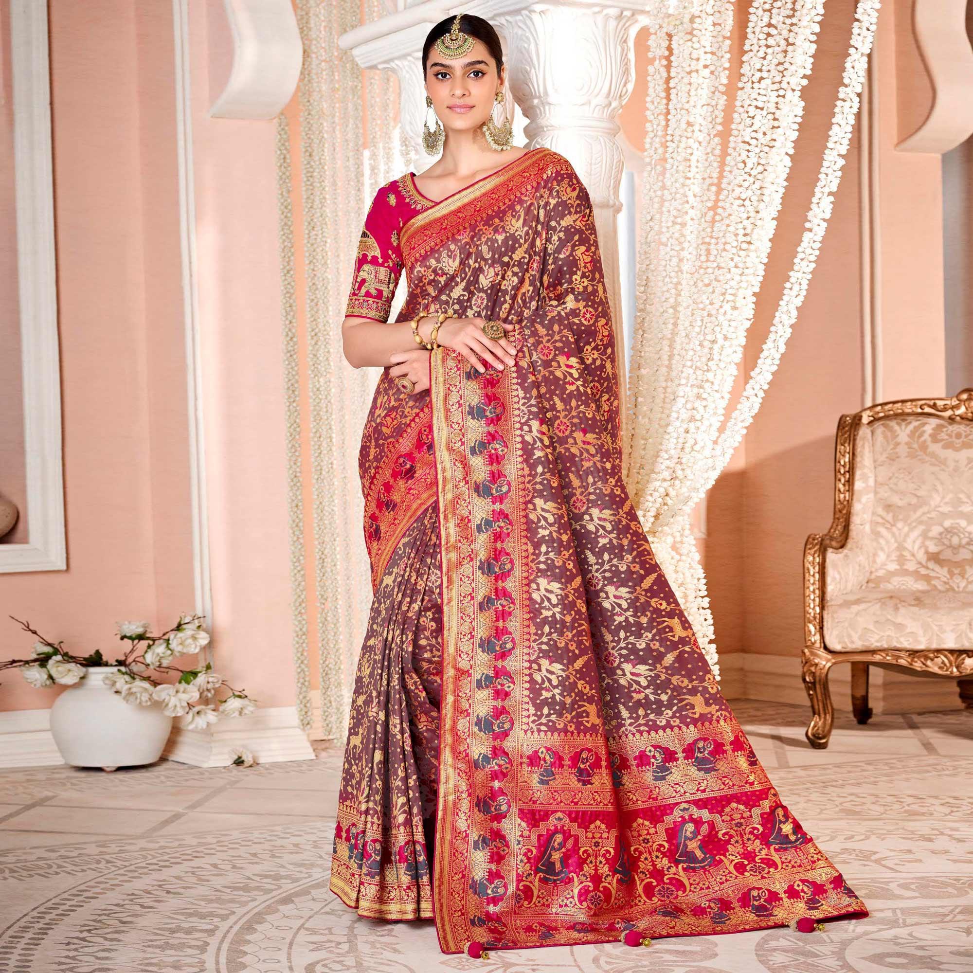 Brown Festive Wear Woven Silk Saree - Peachmode