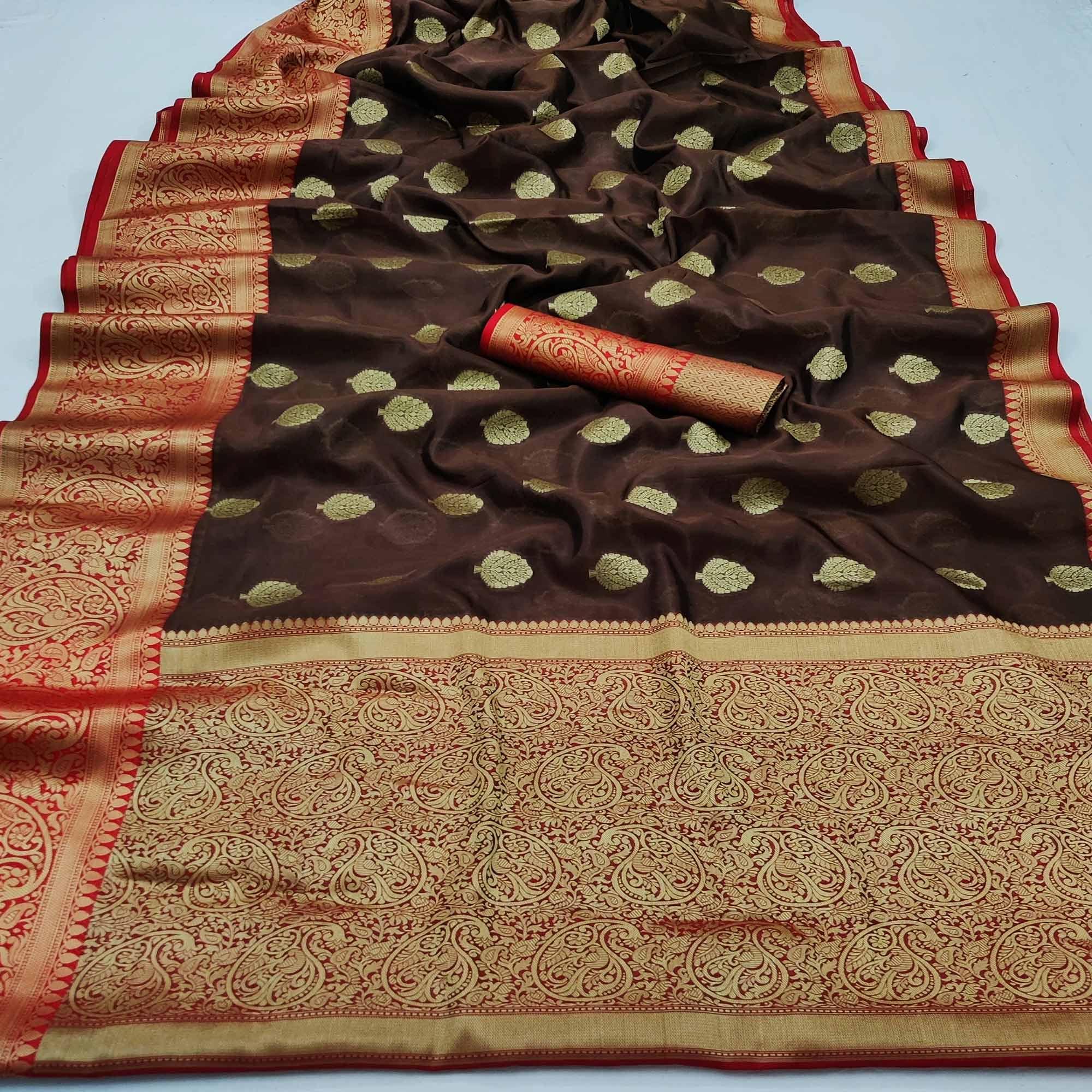 Brown Festive Wear Woven Silk Saree - Peachmode