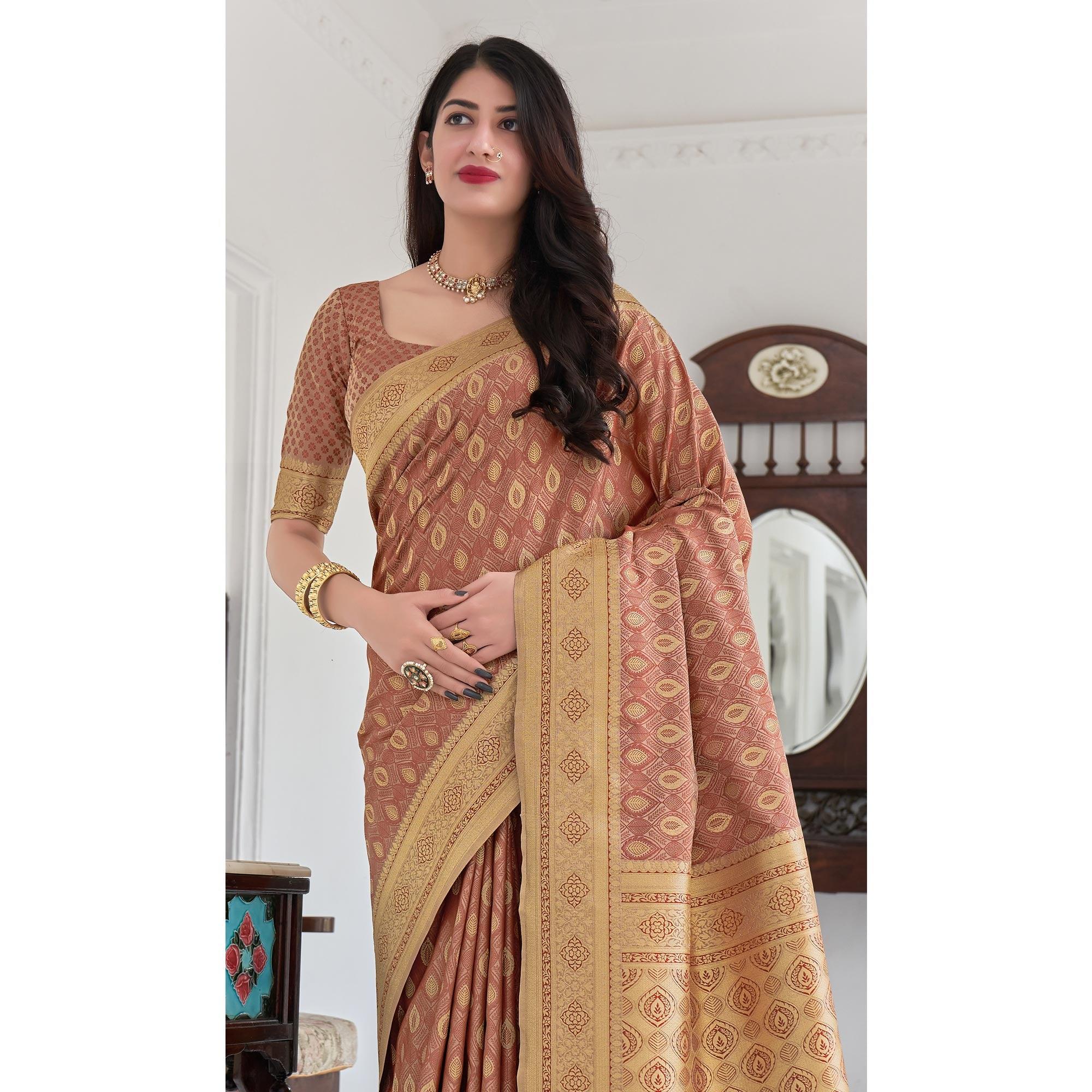 Brown Festive Wear Woven Soft Satin Silk Saree - Peachmode