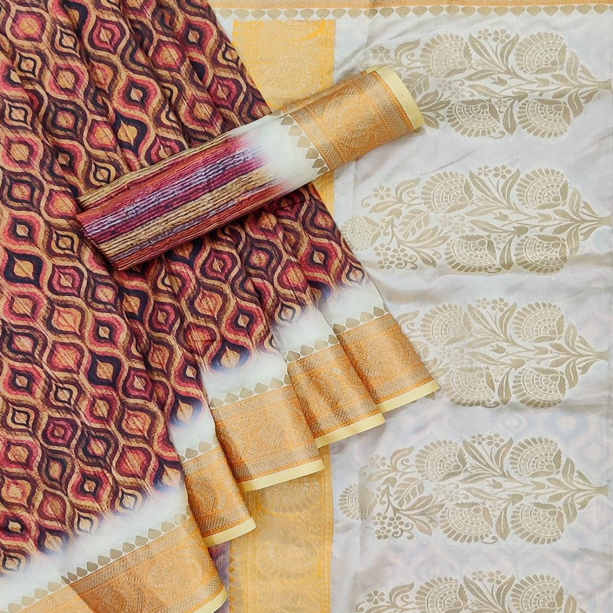 Brown Festive Wear Woven With Digital Printed Silk Saree - Peachmode