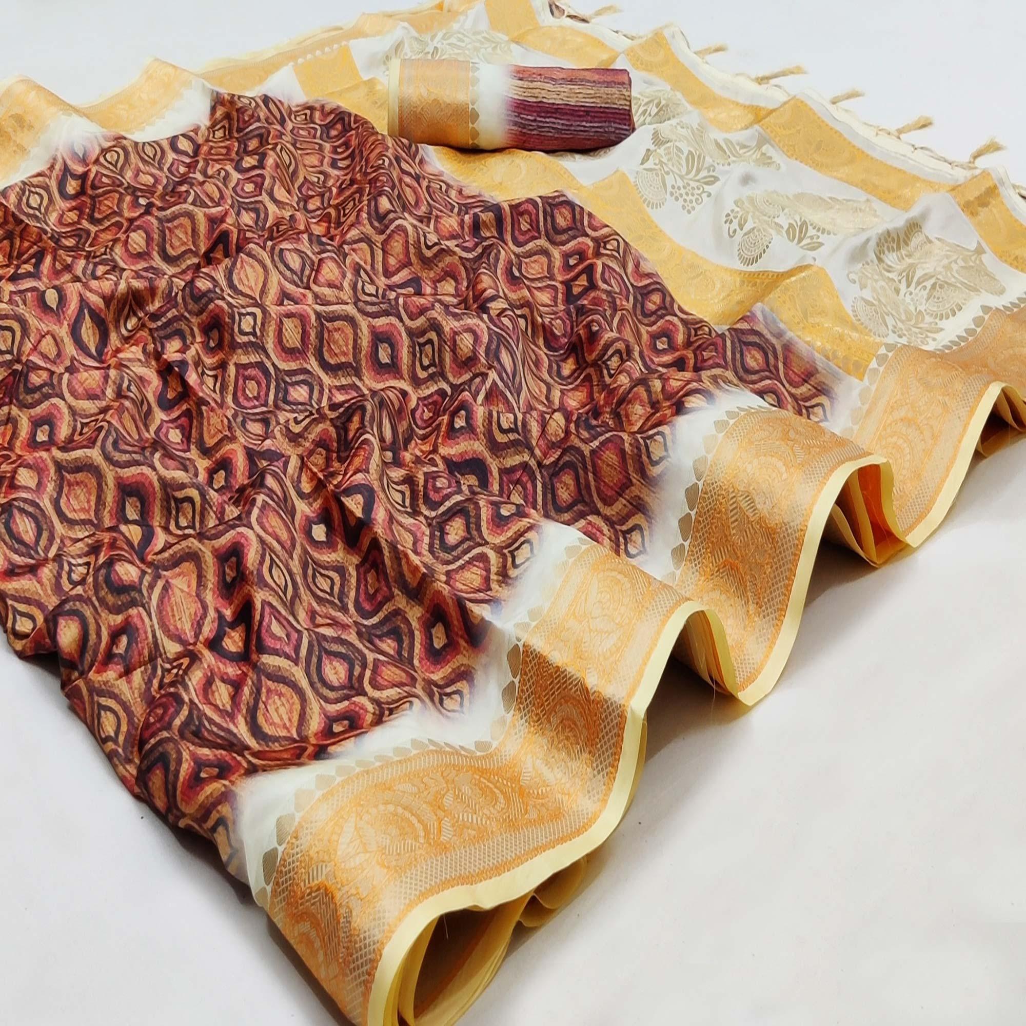 Brown Festive Wear Woven With Digital Printed Silk Saree - Peachmode