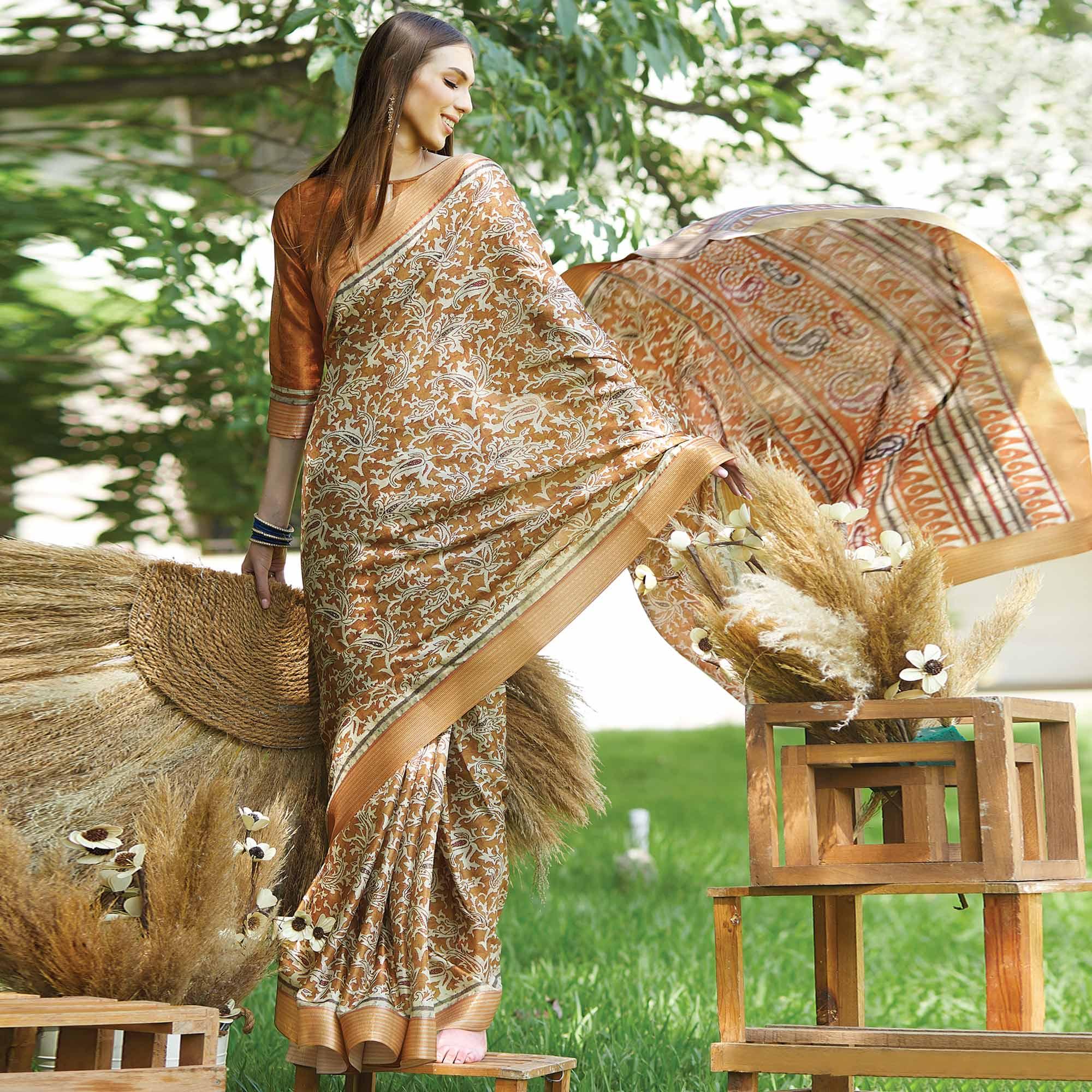 Brown Floral Digital Printed Art Silk Saree - Peachmode