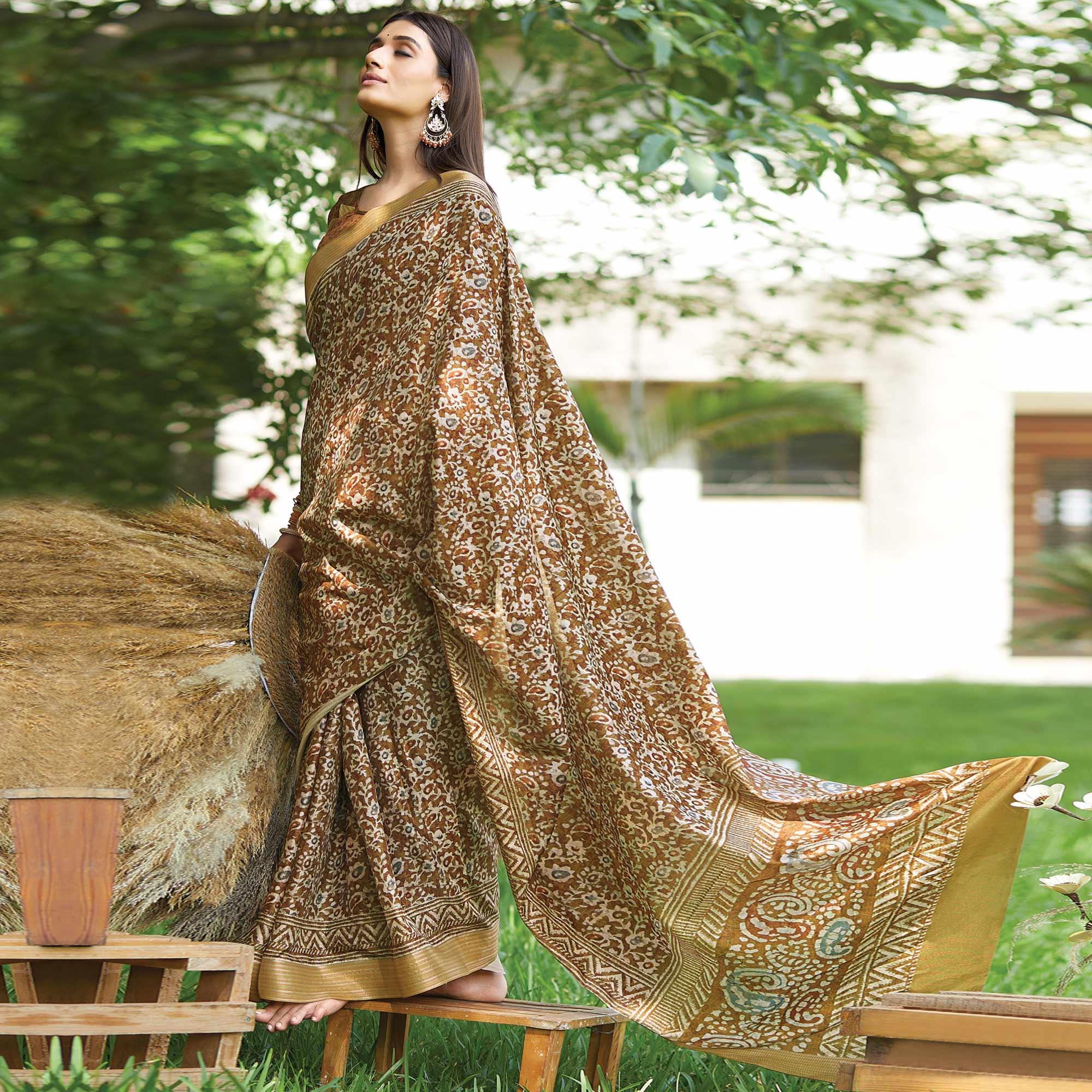 Brown Floral Digital Printed Art Silk Saree - Peachmode
