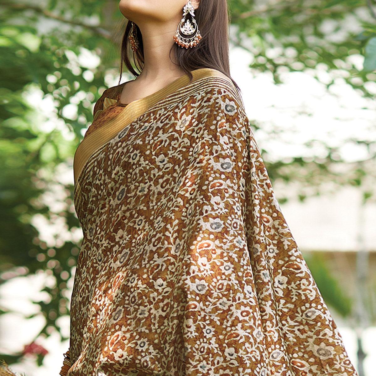 Brown Floral Digital Printed Art Silk Saree - Peachmode