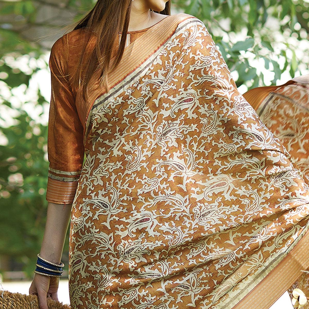 Brown Floral Digital Printed Art Silk Saree - Peachmode