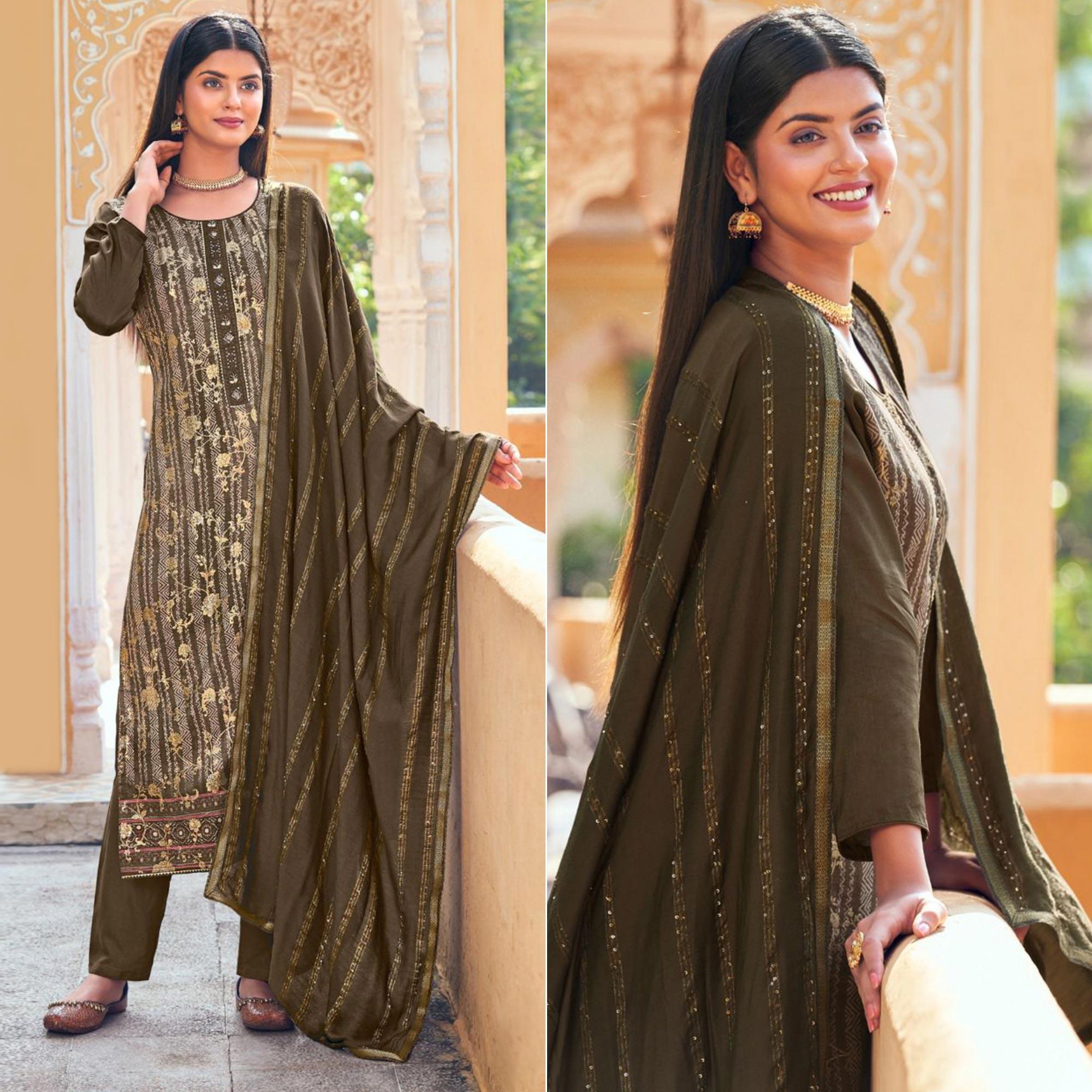 Brown Floral Digital Printed Dola Silk Salwar Suit - Peachmode