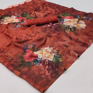 Brown Floral Digital Printed Georgette Saree - Peachmode