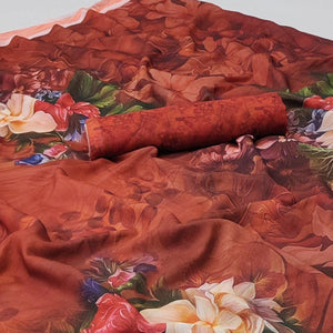 Brown Floral Digital Printed Georgette Saree - Peachmode