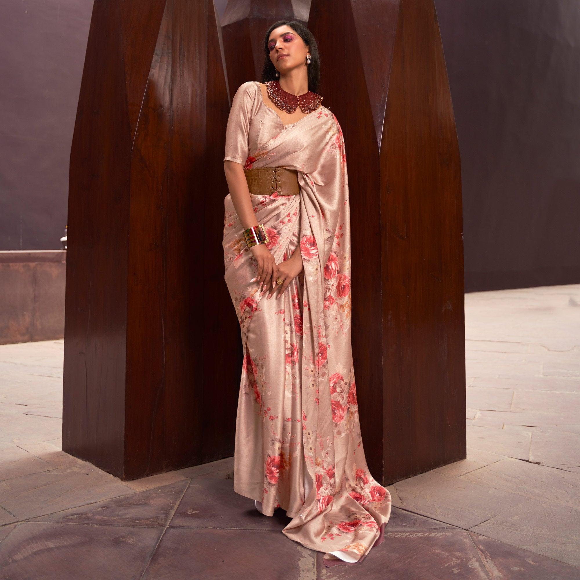 Brown Floral Digital Printed Satin Saree - Peachmode