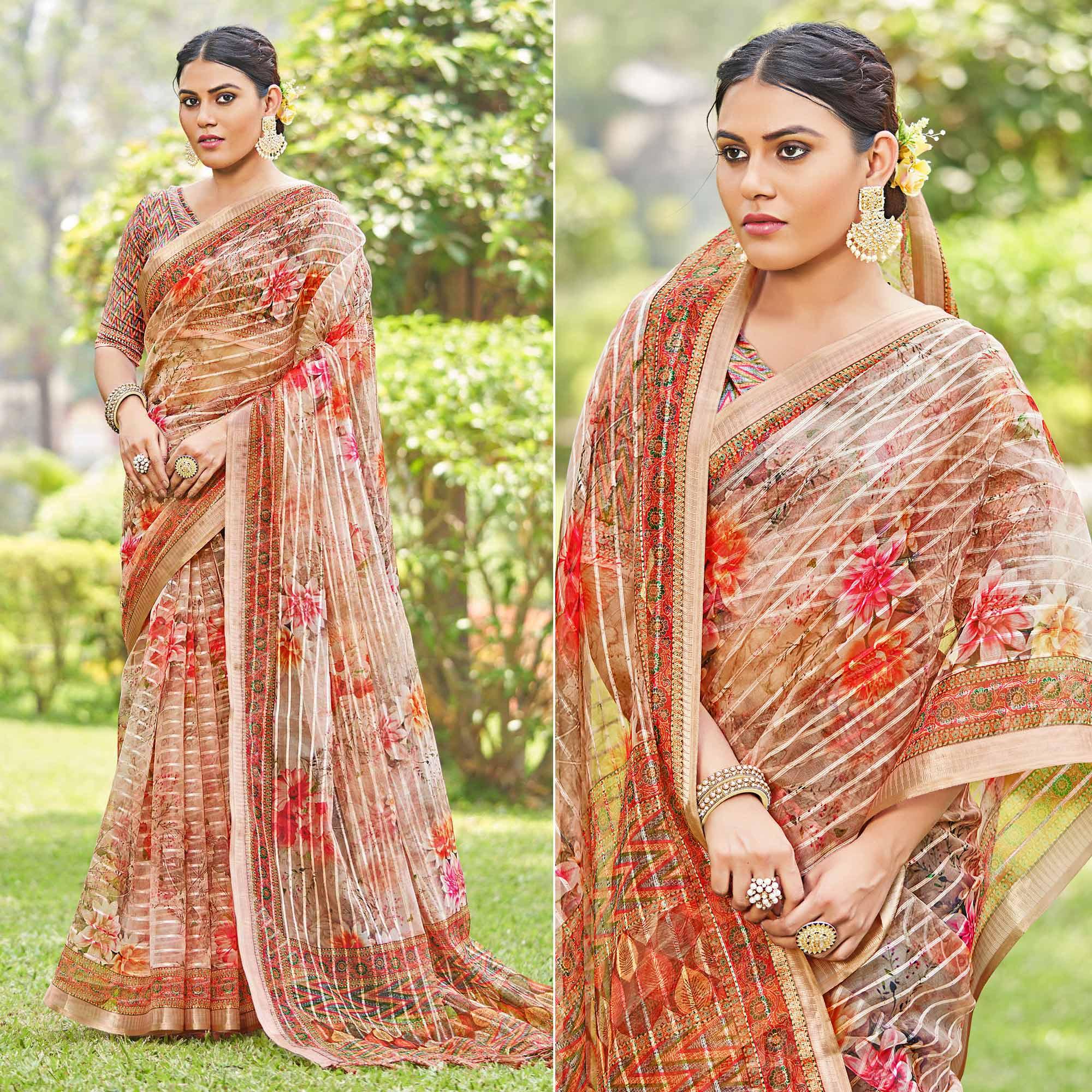 Brown Floral Digital Printed With Sequence Linen Saree - Peachmode