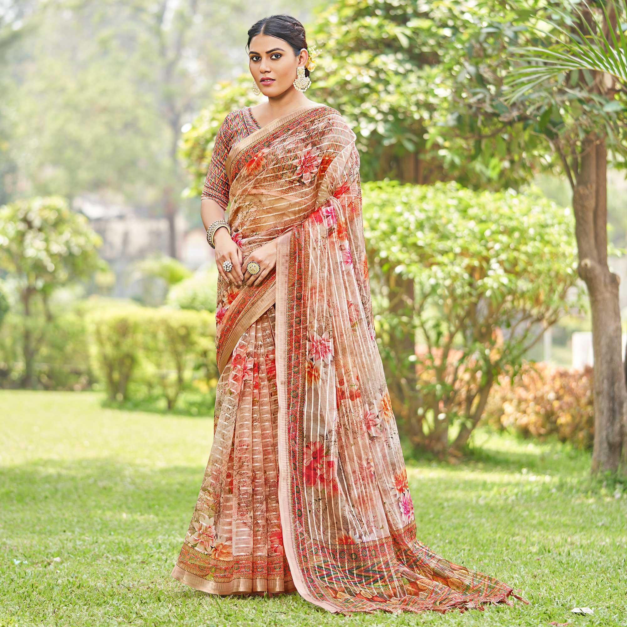 Brown Floral Digital Printed With Sequence Linen Saree - Peachmode