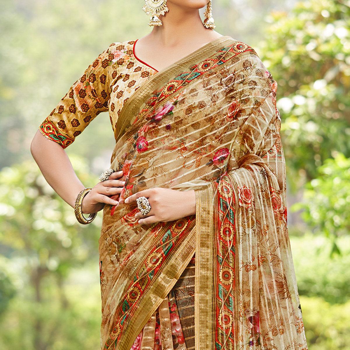Brown Floral Digital Printed With Sequence Linen Saree - Peachmode