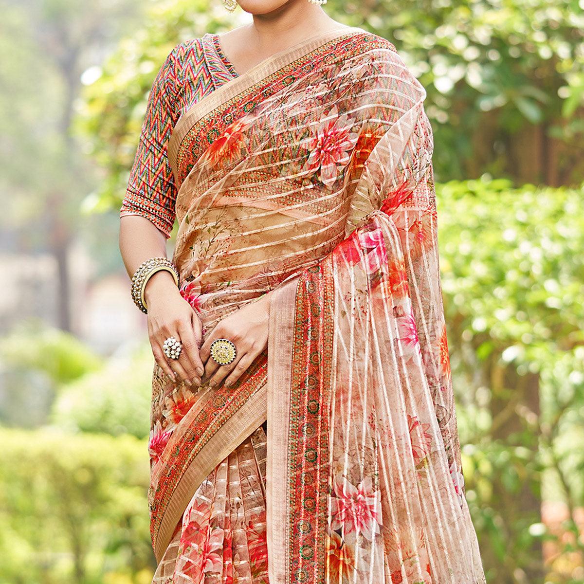 Brown Floral Digital Printed With Sequence Linen Saree - Peachmode