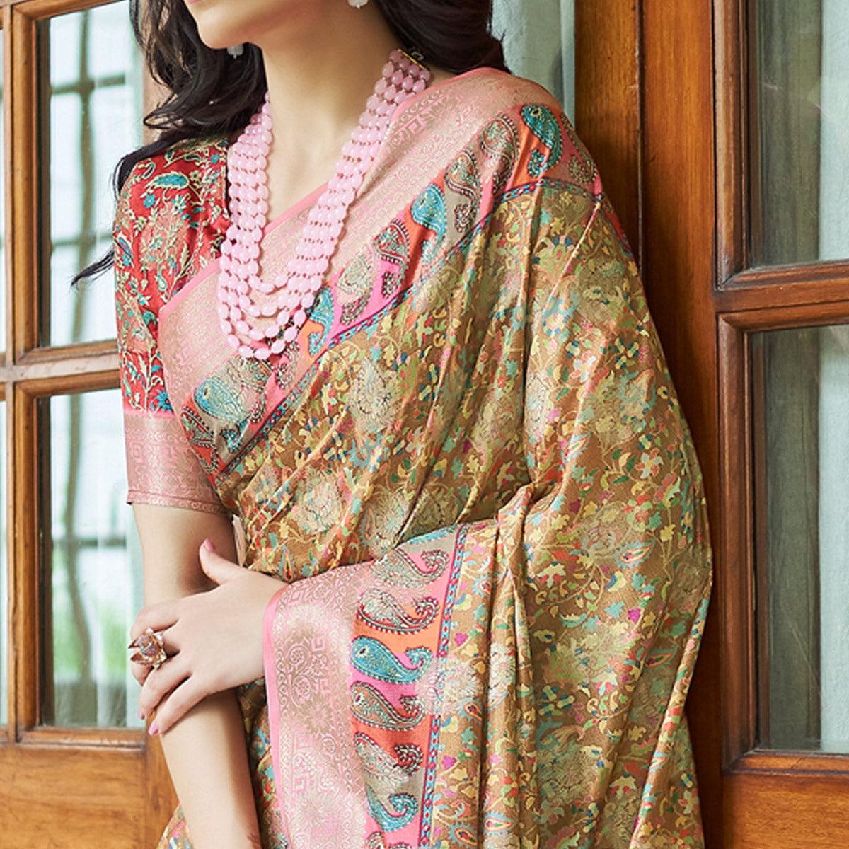 Brown Floral Digital Printed With Woven Border Art Silk Saree - Peachmode