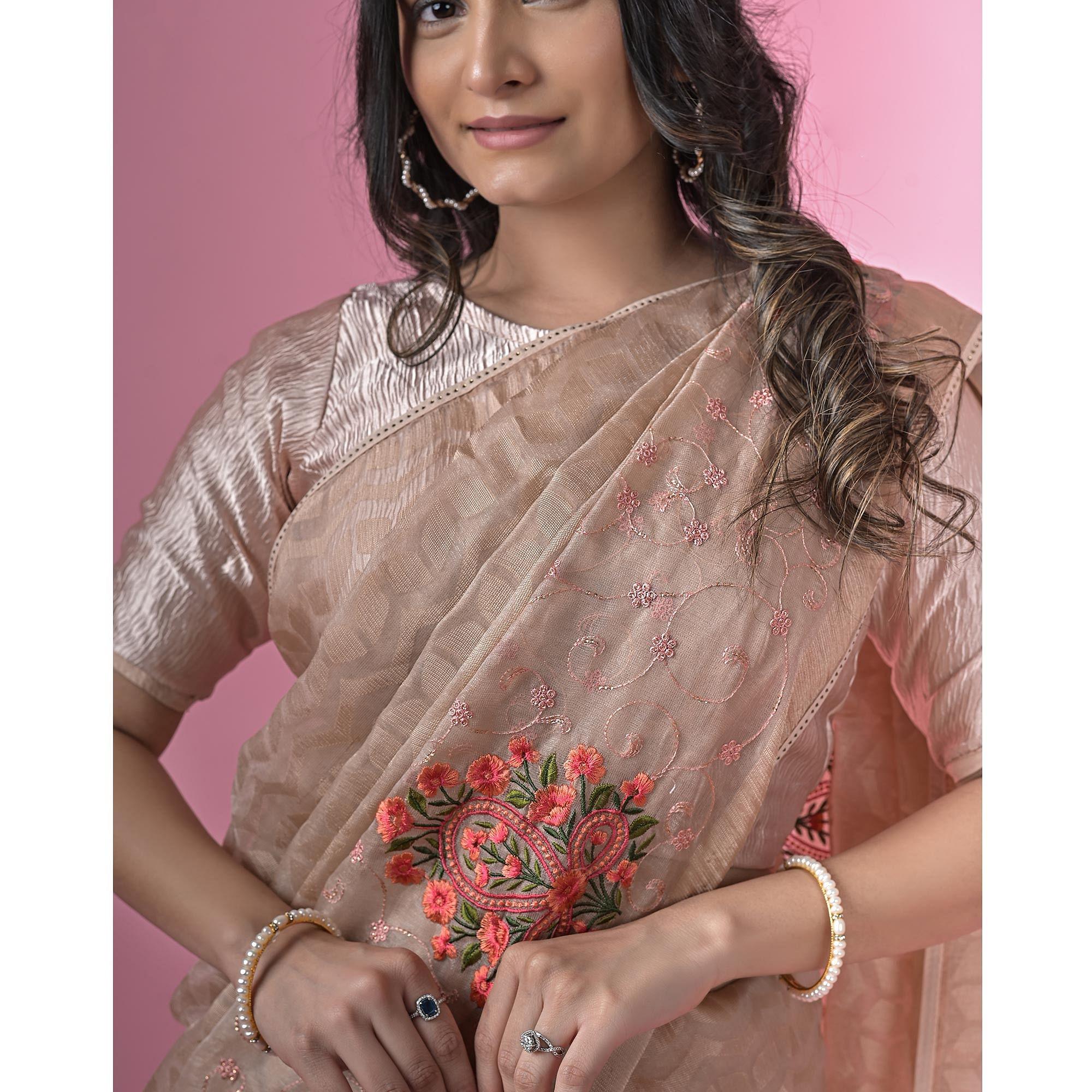 Brown Floral Embroidered Brasso Saree - Peachmode
