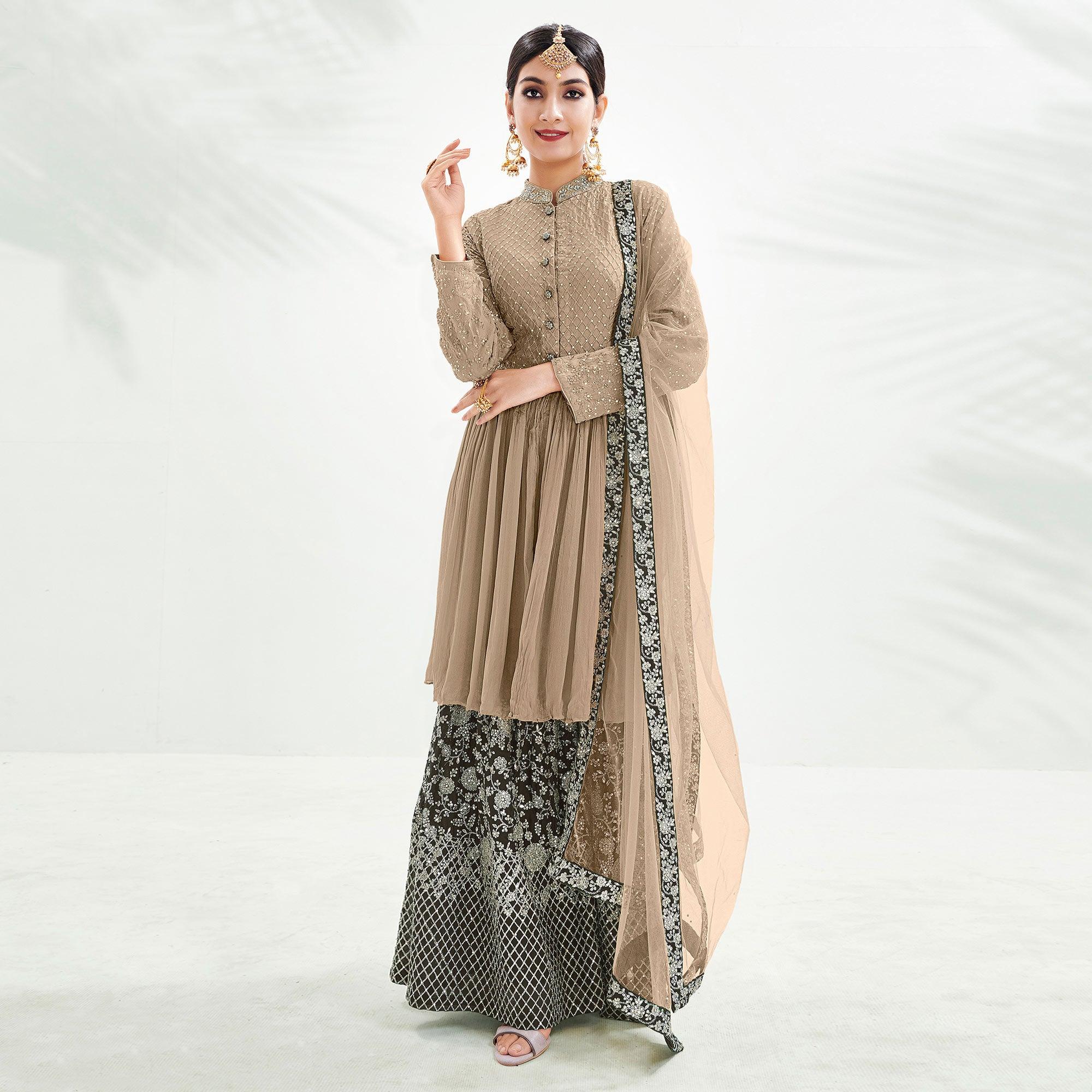 Brown Floral Embroidered Chiffon Palazzo Suit - Peachmode