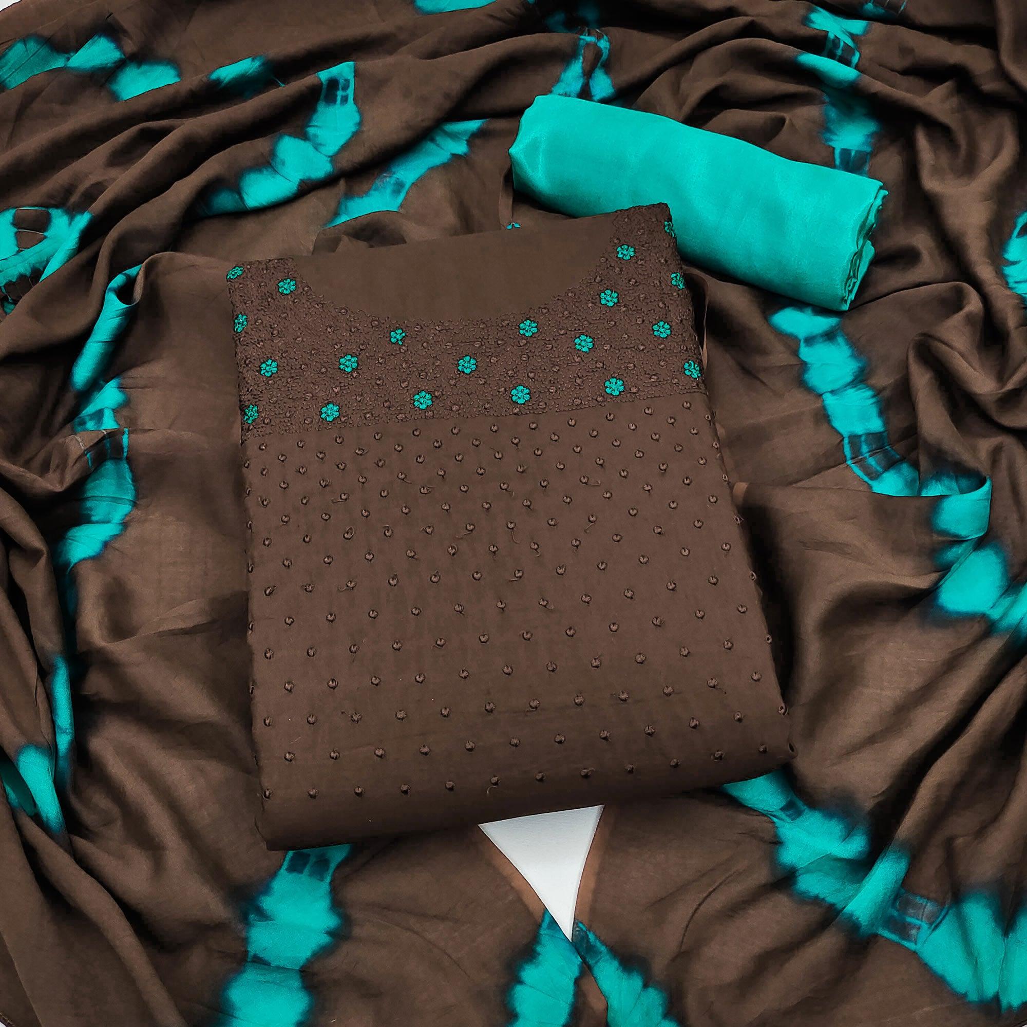 Brown Floral Embroidered Cotton Silk Dress Material - Peachmode