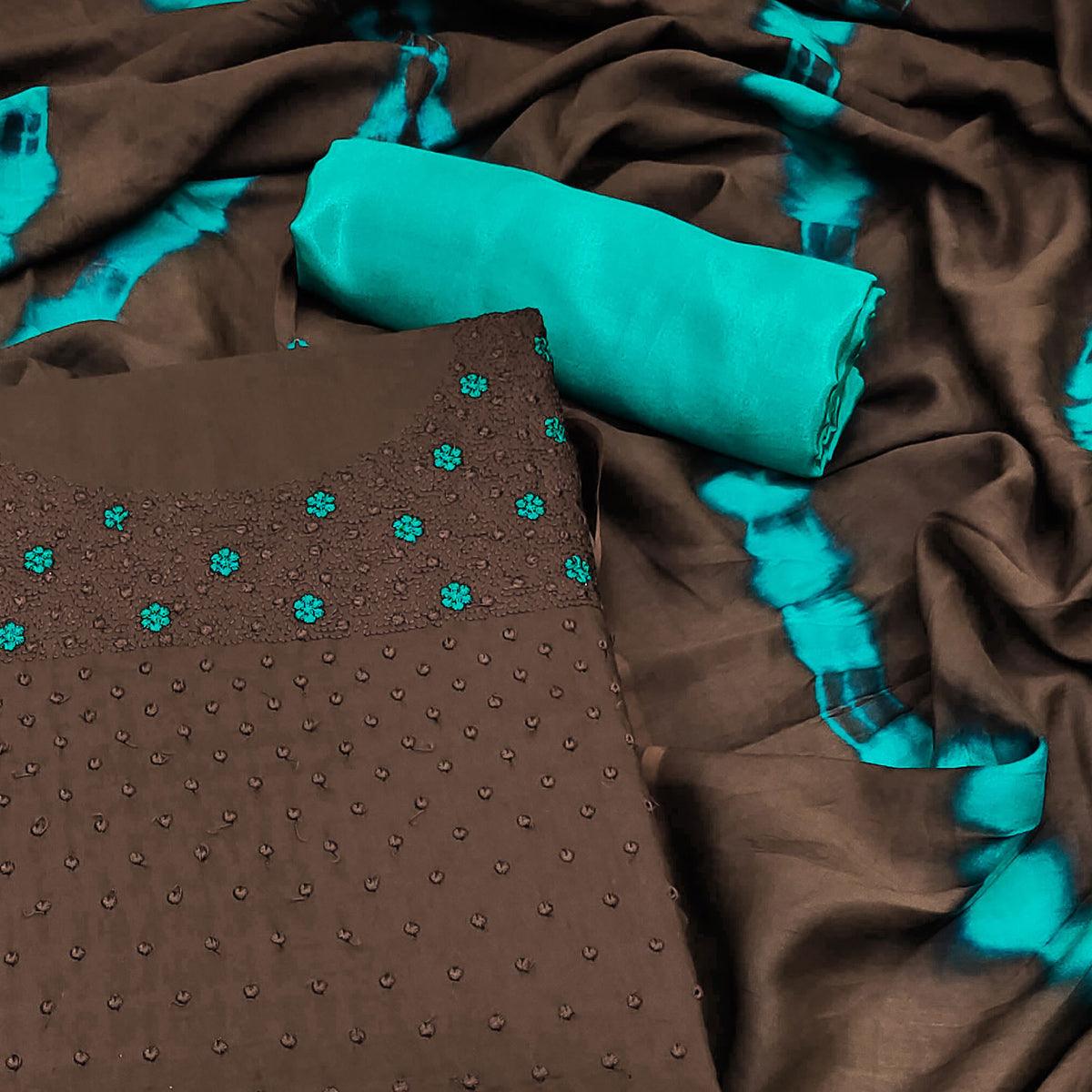 Brown Floral Embroidered Cotton Silk Dress Material - Peachmode