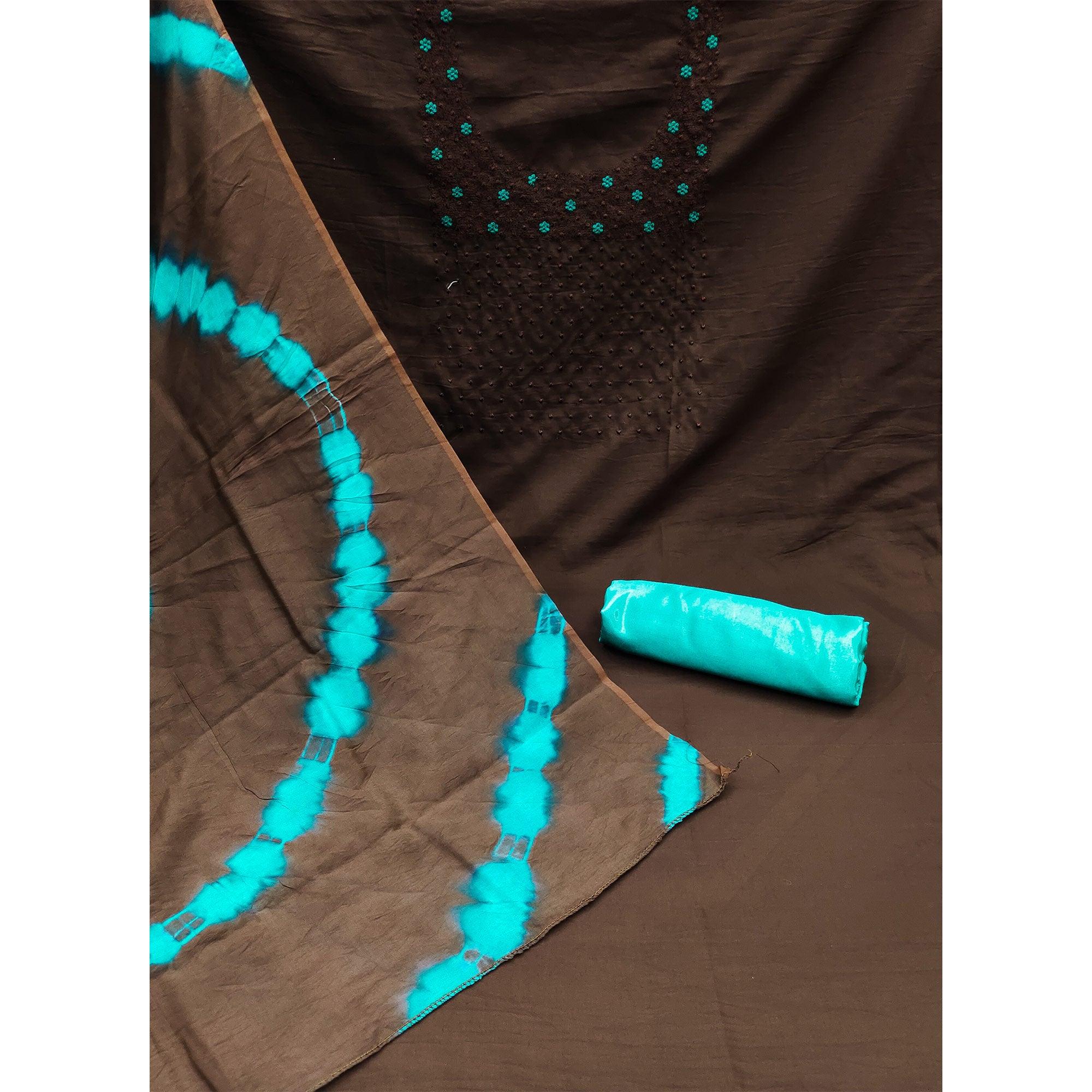 Brown Floral Embroidered Cotton Silk Dress Material - Peachmode