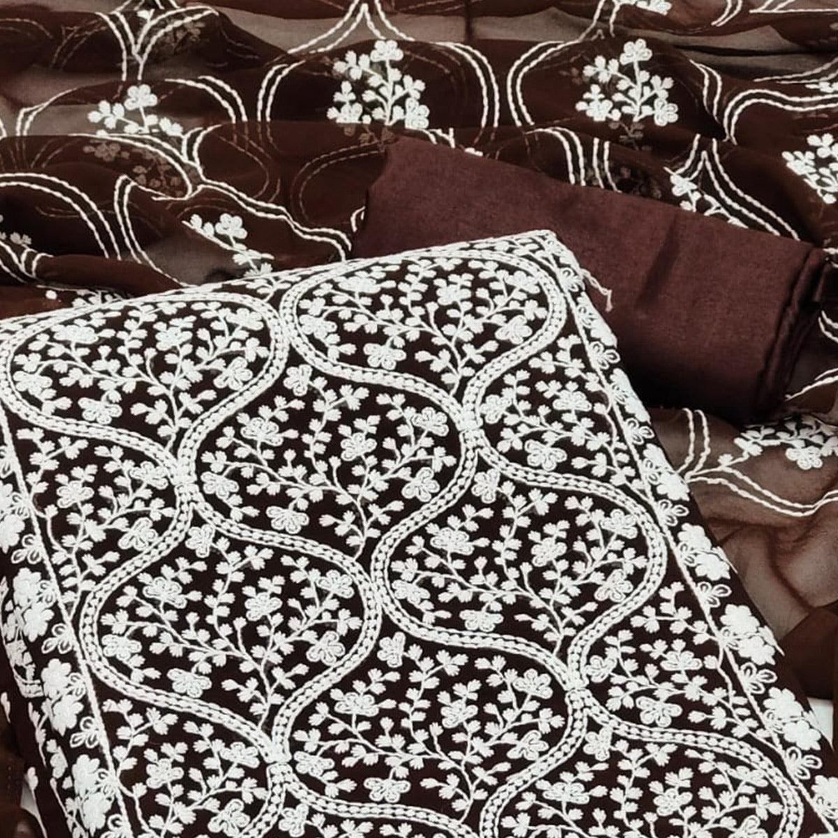 Brown Floral Embroidered Georgette Dress Material - Peachmode