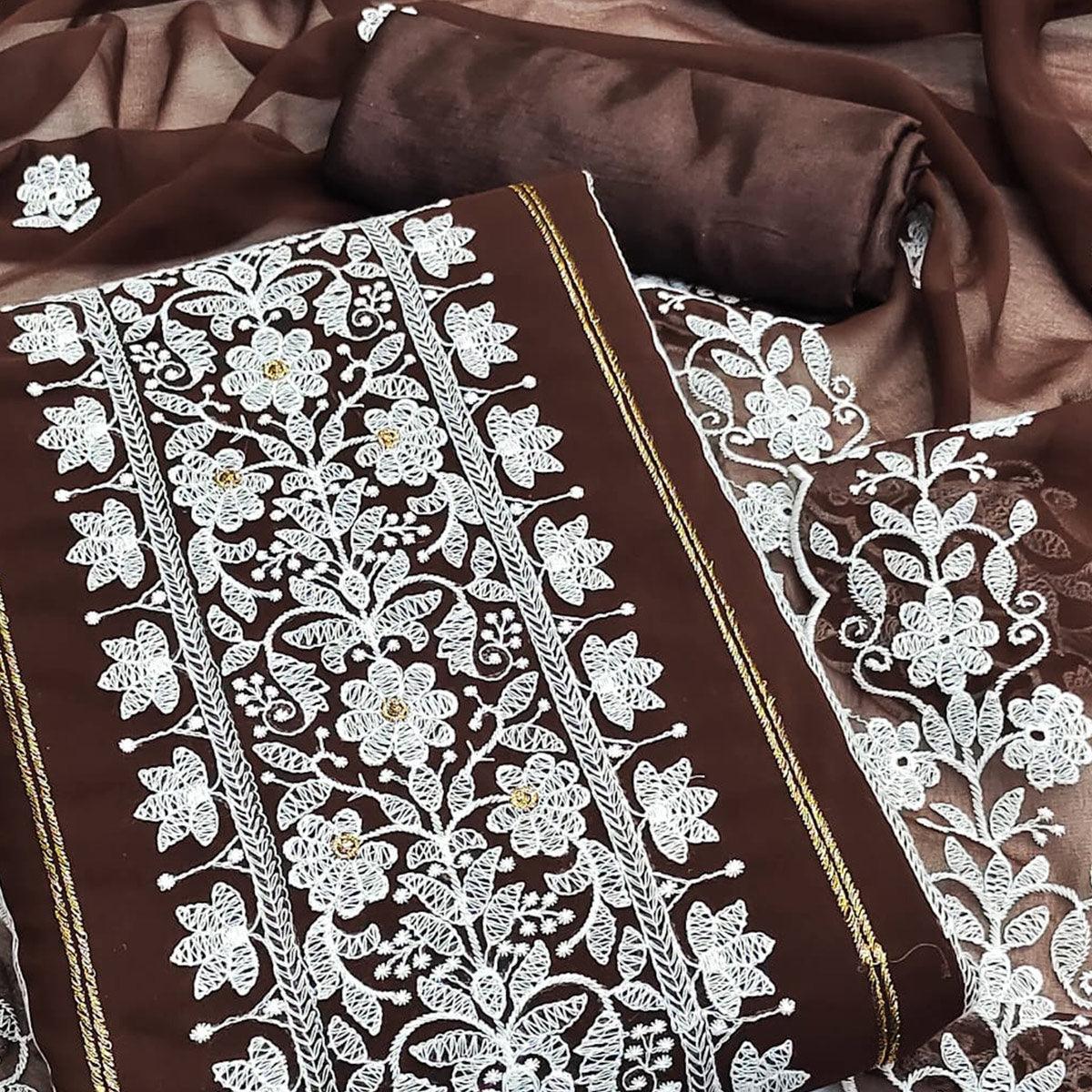 Brown Floral Embroidered Georgette Dress Material - Peachmode