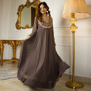 Brown Floral Embroidered Georgette Partywear Gown With Dupatta - Peachmode