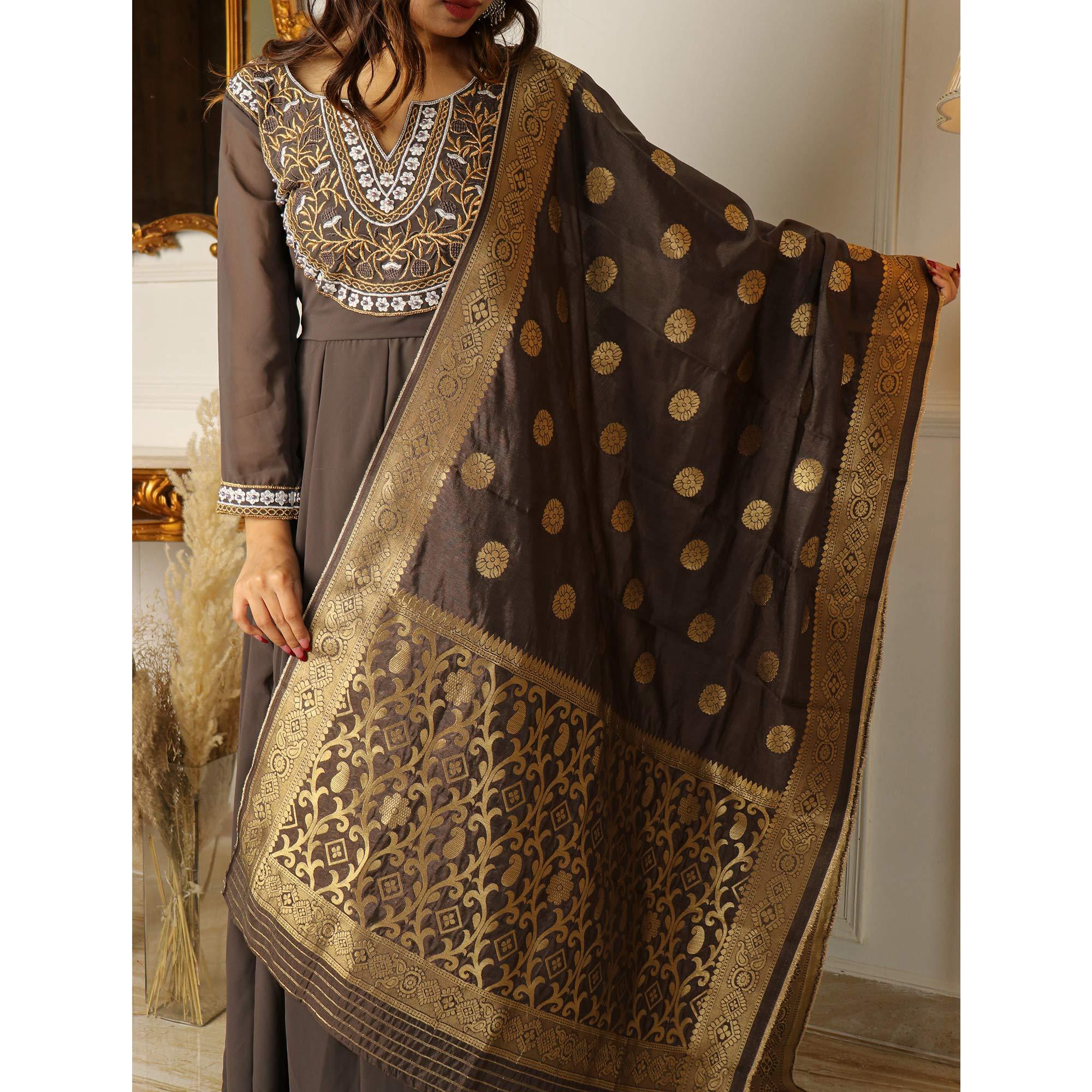 Brown Floral Embroidered Georgette Partywear Gown With Dupatta - Peachmode