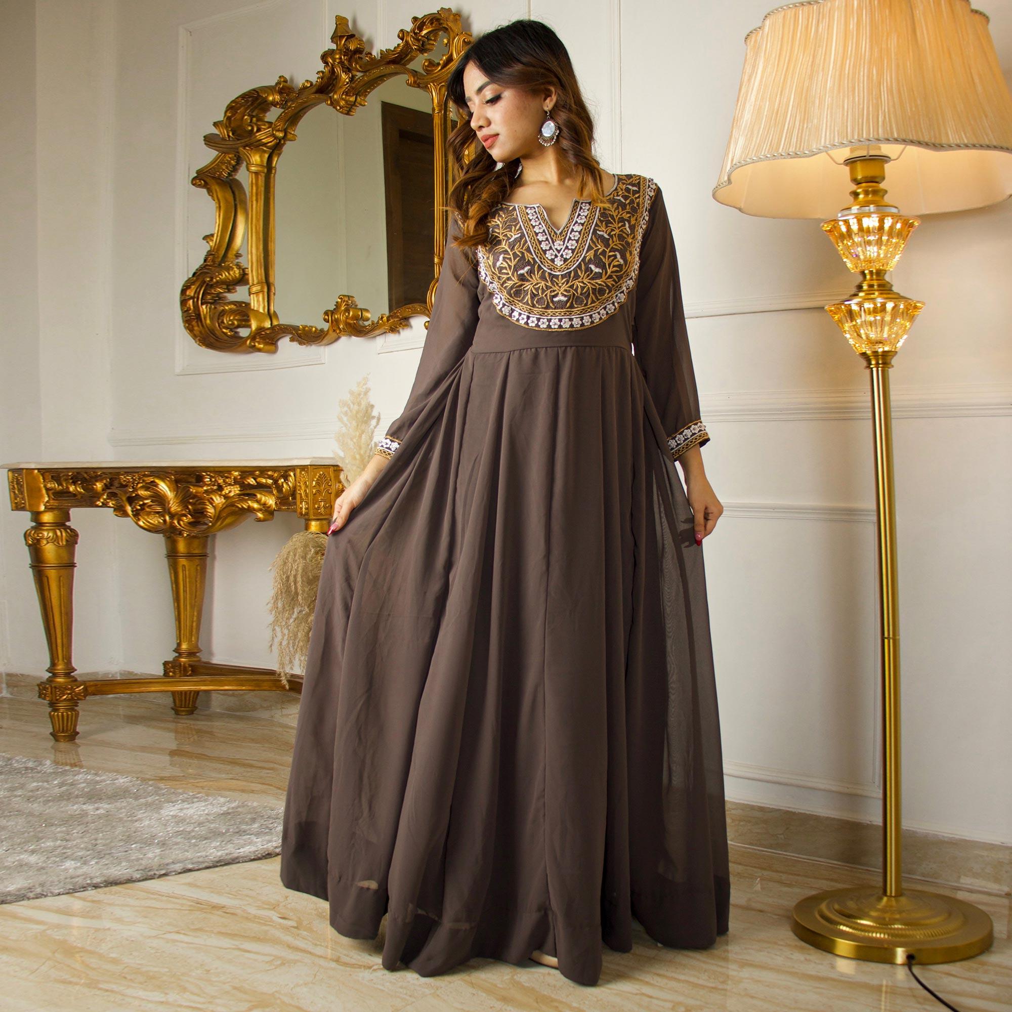Brown Floral Embroidered Georgette Partywear Gown With Dupatta - Peachmode