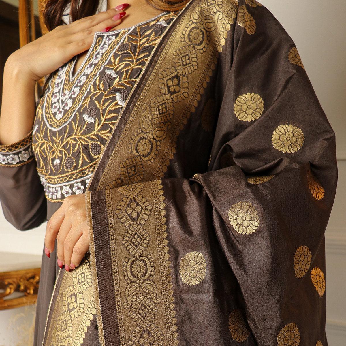 Brown Floral Embroidered Georgette Partywear Gown With Dupatta - Peachmode