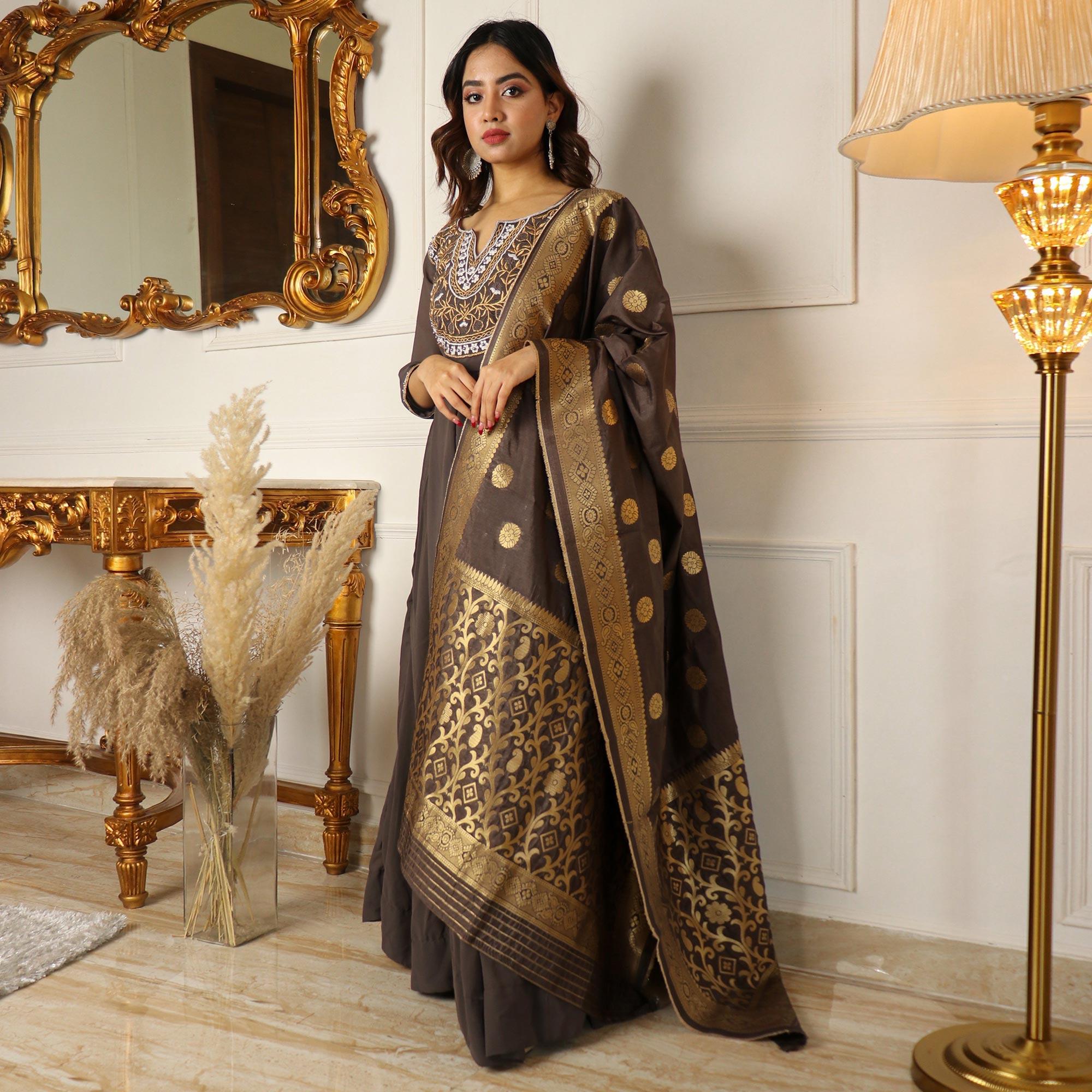 Brown Floral Embroidered Georgette Partywear Gown With Dupatta - Peachmode